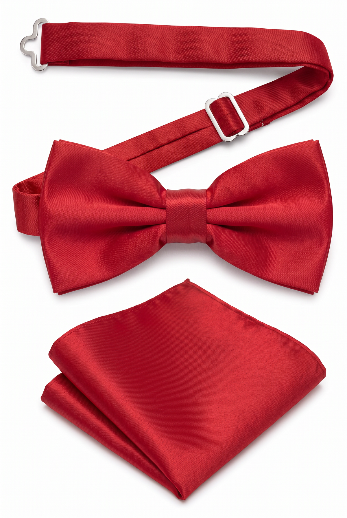 Men’s red satin pre-tied bow tie with adjustable neck strap and matching pocket square