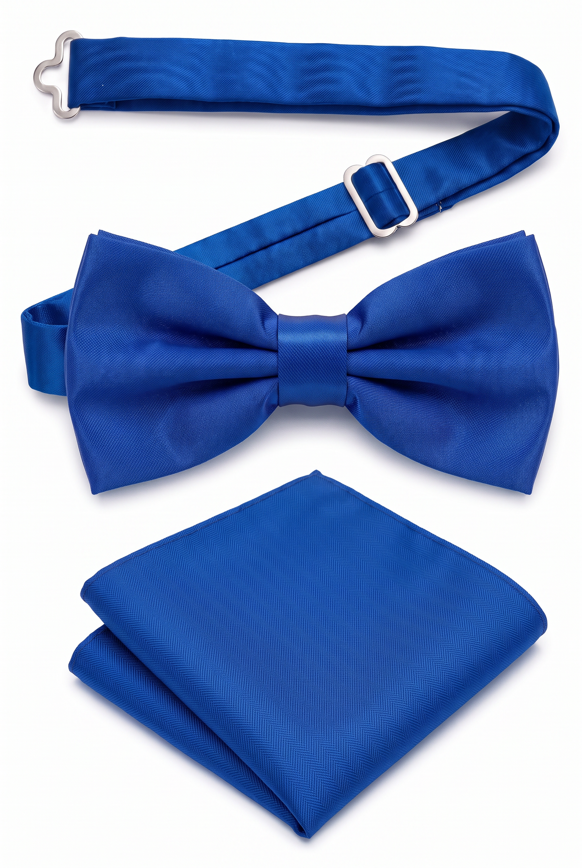 Men’s royal blue satin pre-tied bow tie with adjustable neck strap and matching pocket square