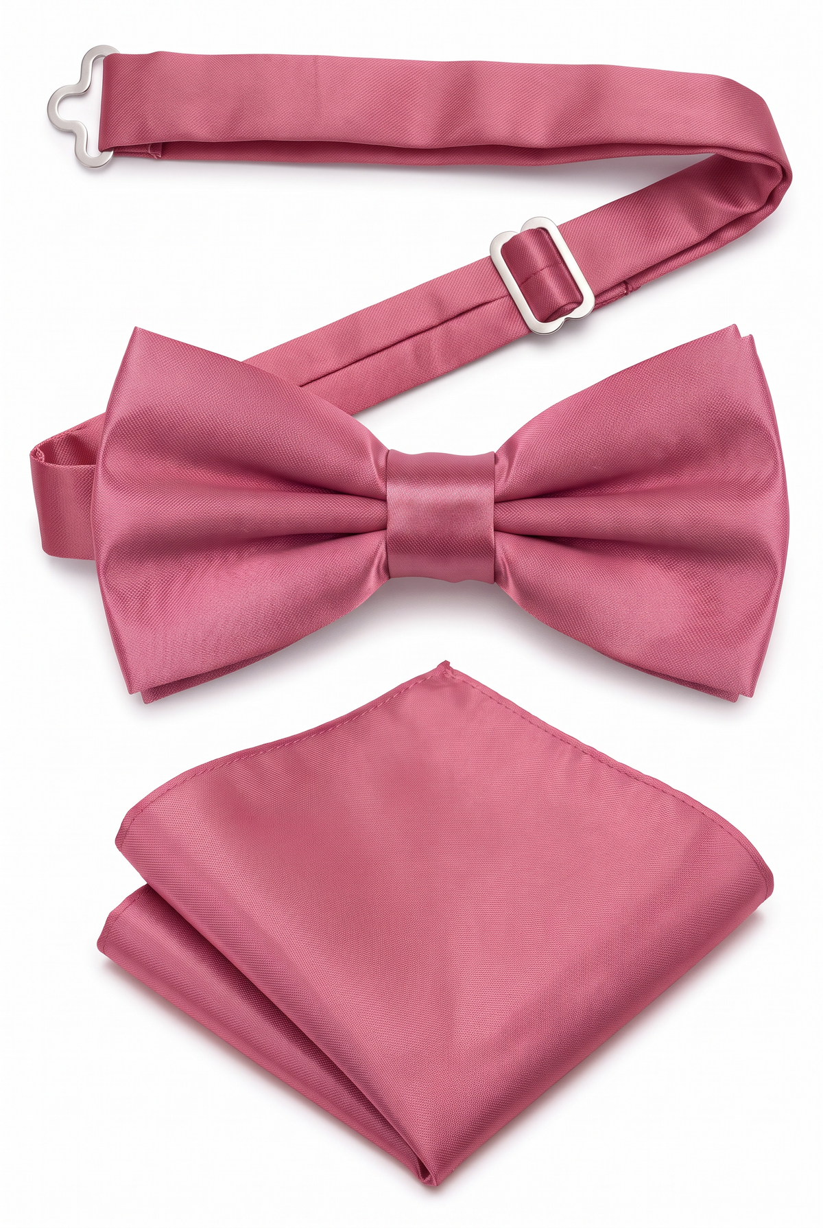 Men’s violet satin pre-tied bow tie with adjustable neck strap and matching pocket square