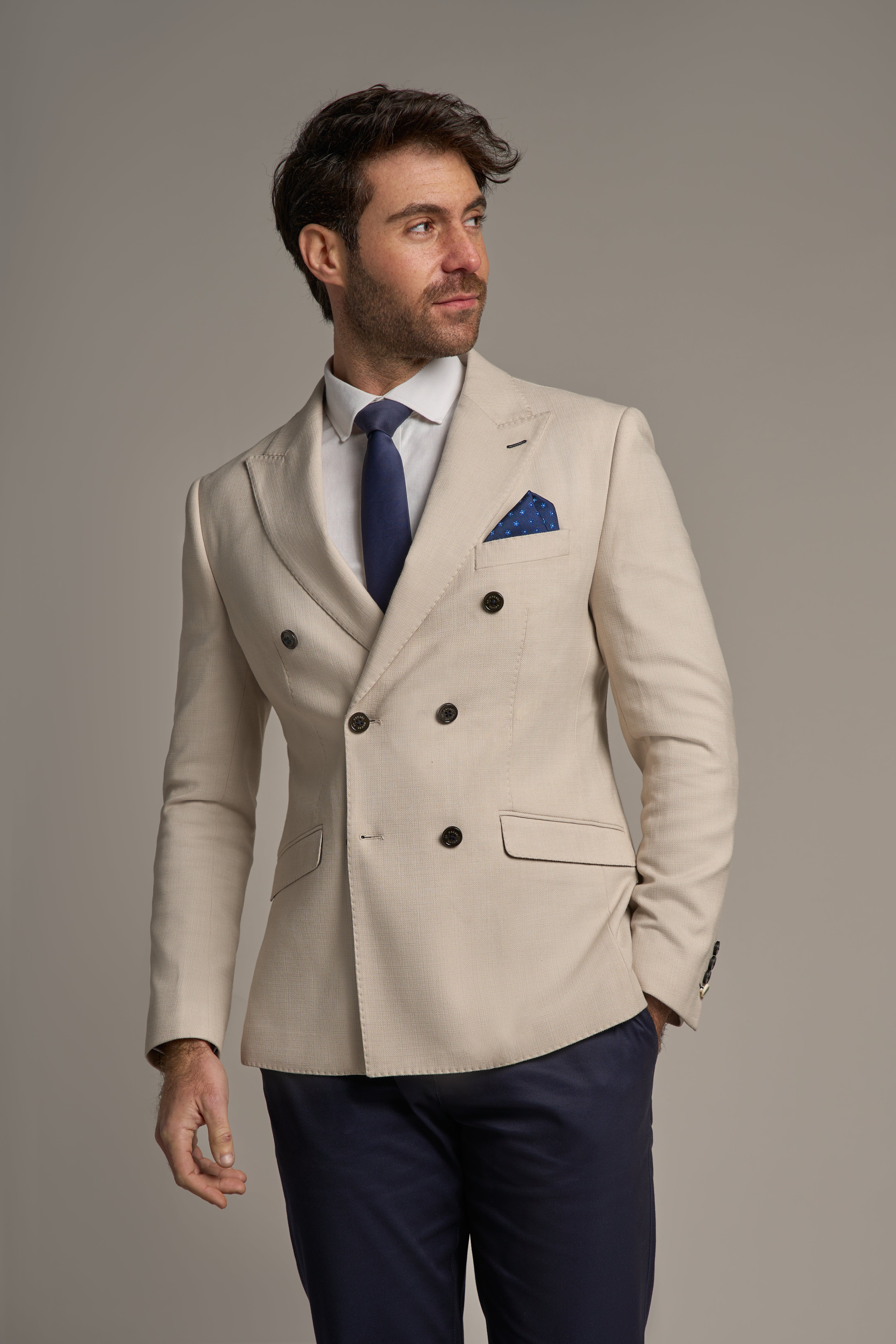 Men’s Self-Pattern Double-Breasted Blazer – ROMEO - Beige