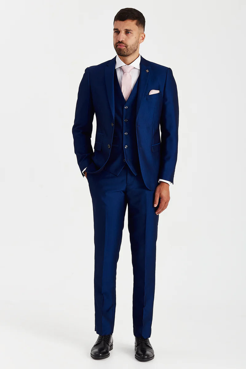 Men's Sheen Effect Navy Suit Jacket - KINGSLEY - Navy Blue