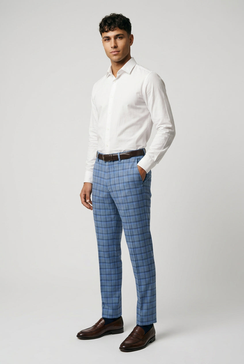 Men's Sky Blue Windowpane Check Tailored Trousers – Slim Fit Smart Formal Dress Pants