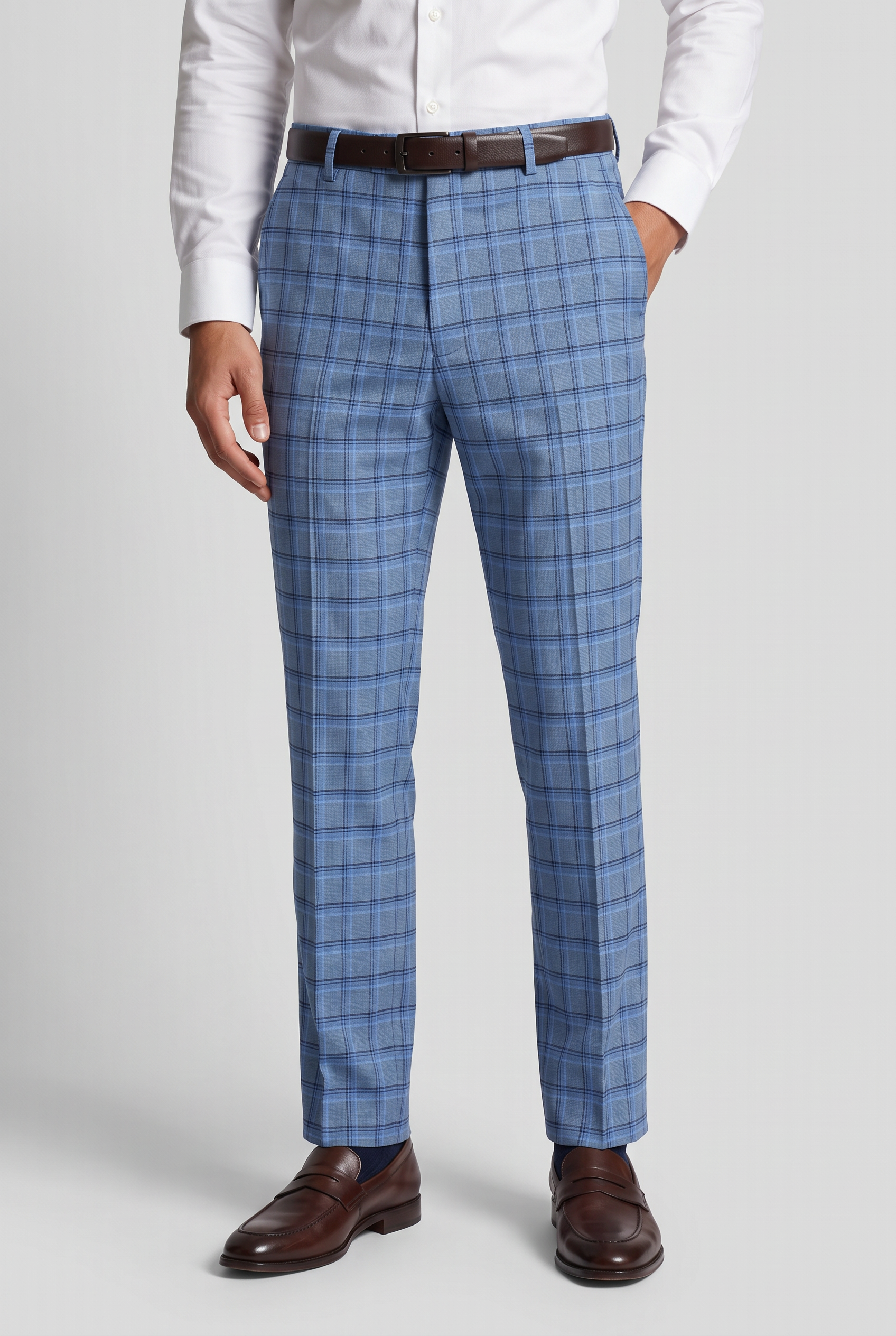 Men's Sky Blue Windowpane Check Tailored Trousers – Slim Fit Smart Formal Dress Pants