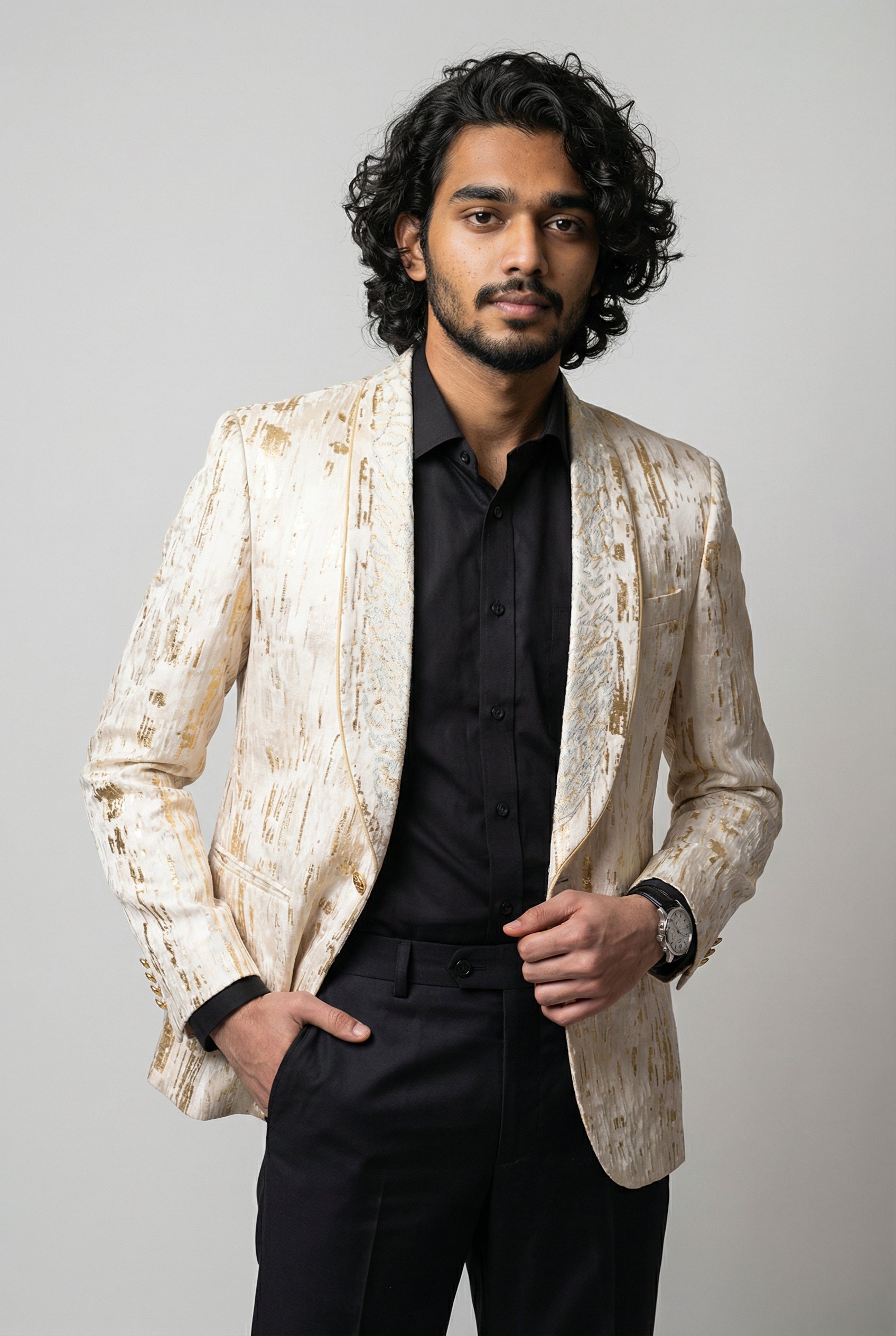 Men’s Slim Fit Cream & Gold Blazer - LEO Main Picture