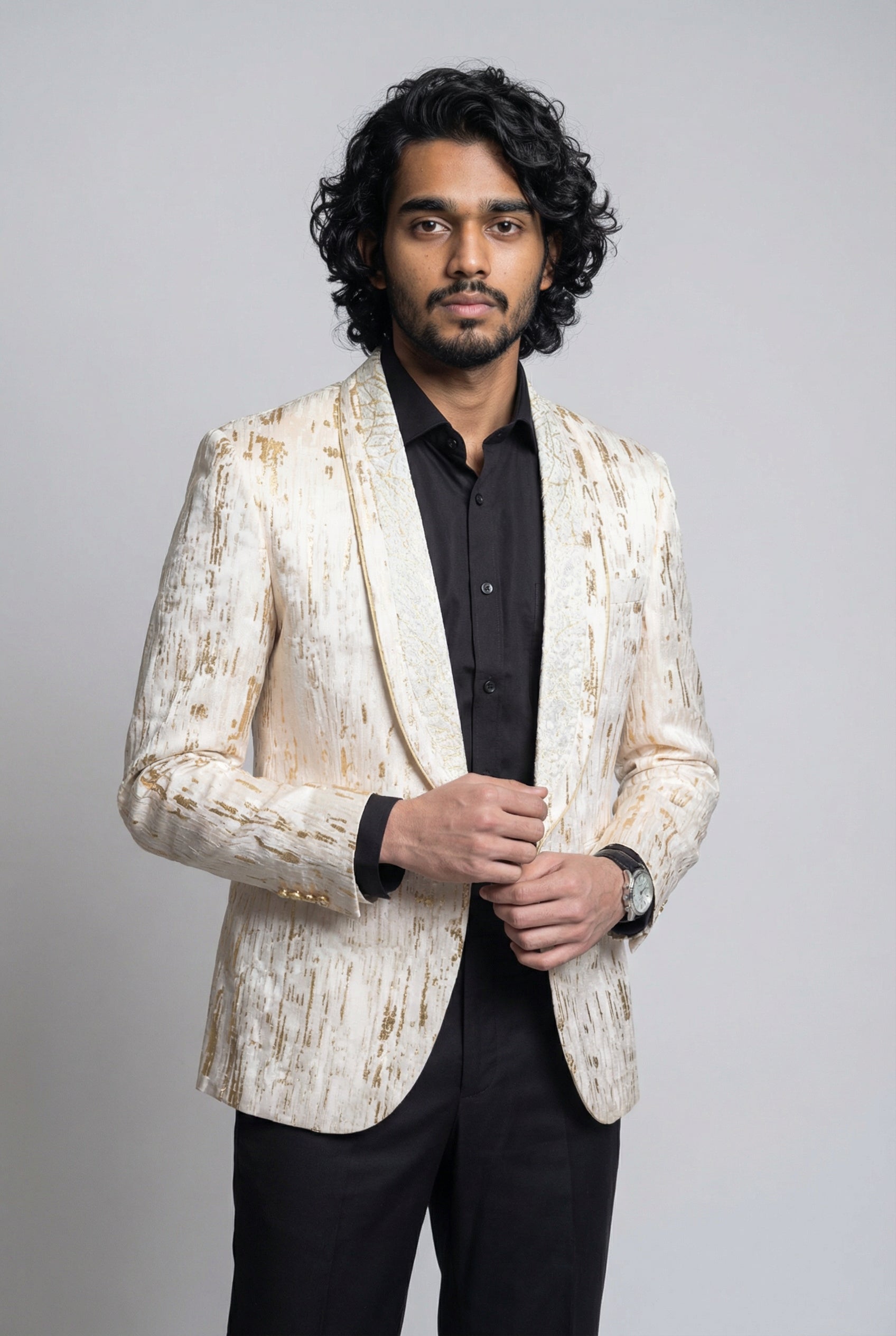 Men’s Slim Fit Cream & Gold Blazer - LEO Model Picture