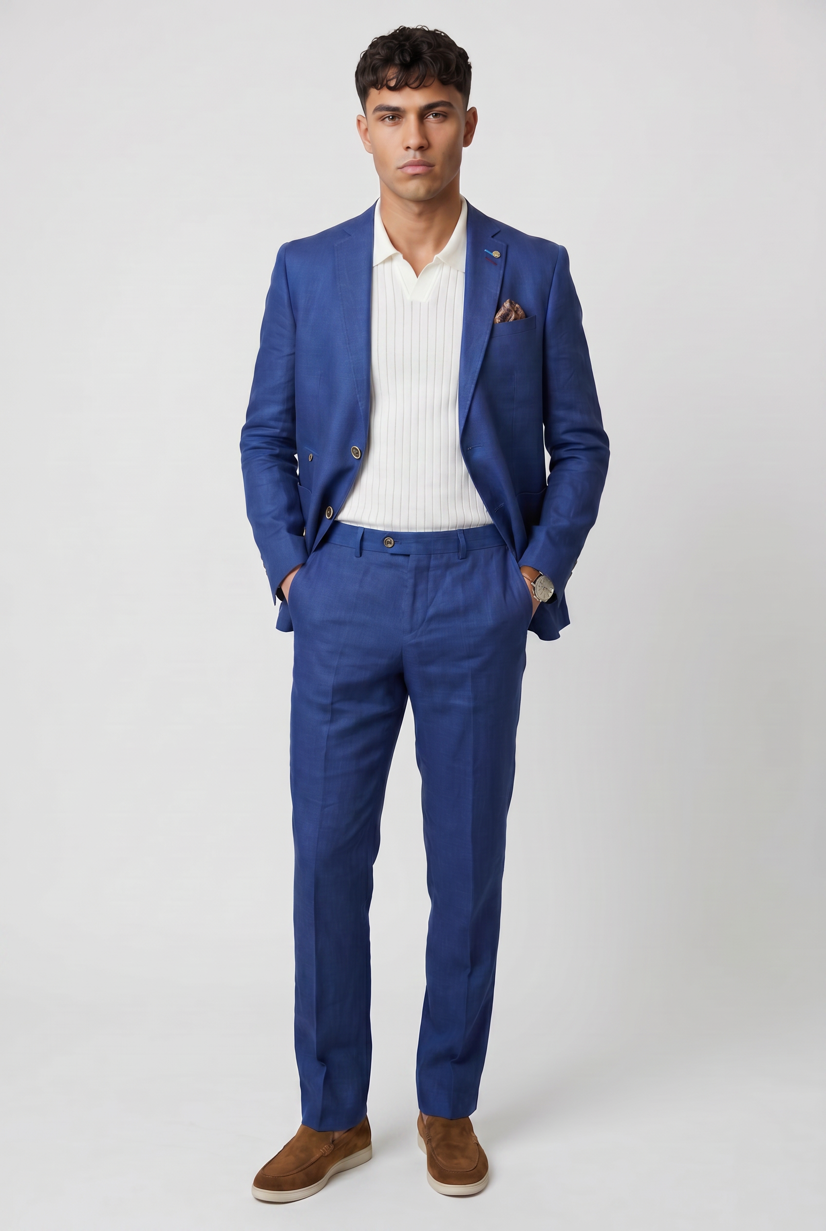 Men's Slim Fit Linen 2 Piece Suit Set - Navy Blue