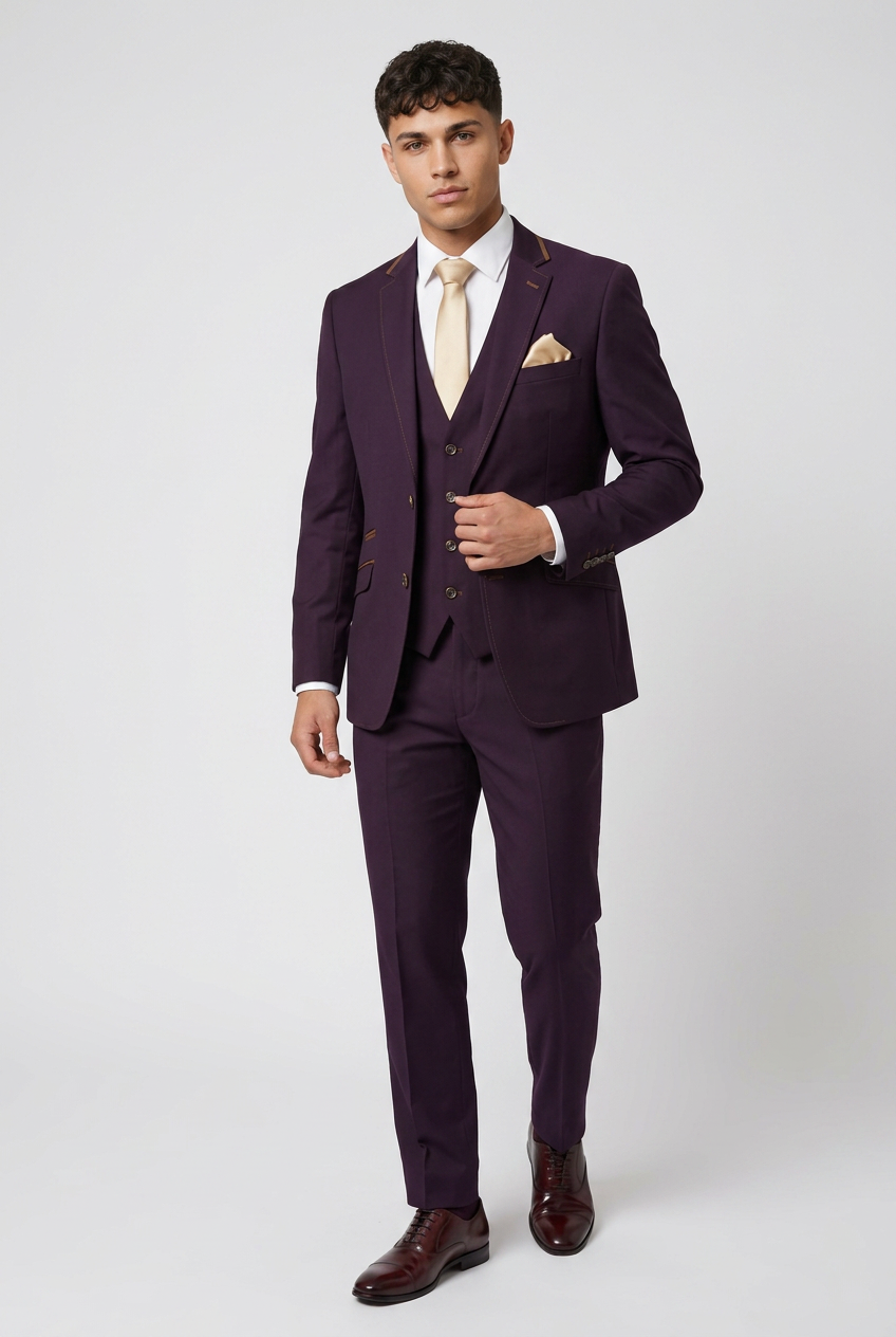 Men's Slim Fit Plum 3 Piece Suit – Blazer, Waistcoat & Trousers