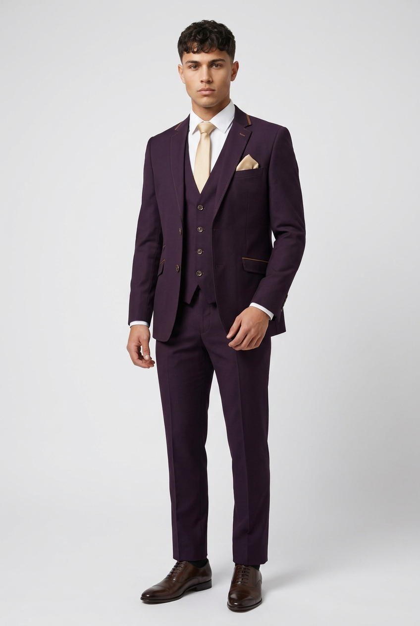 Men's Slim Fit Plum 3 Piece Suit – Blazer, Waistcoat & Trousers
