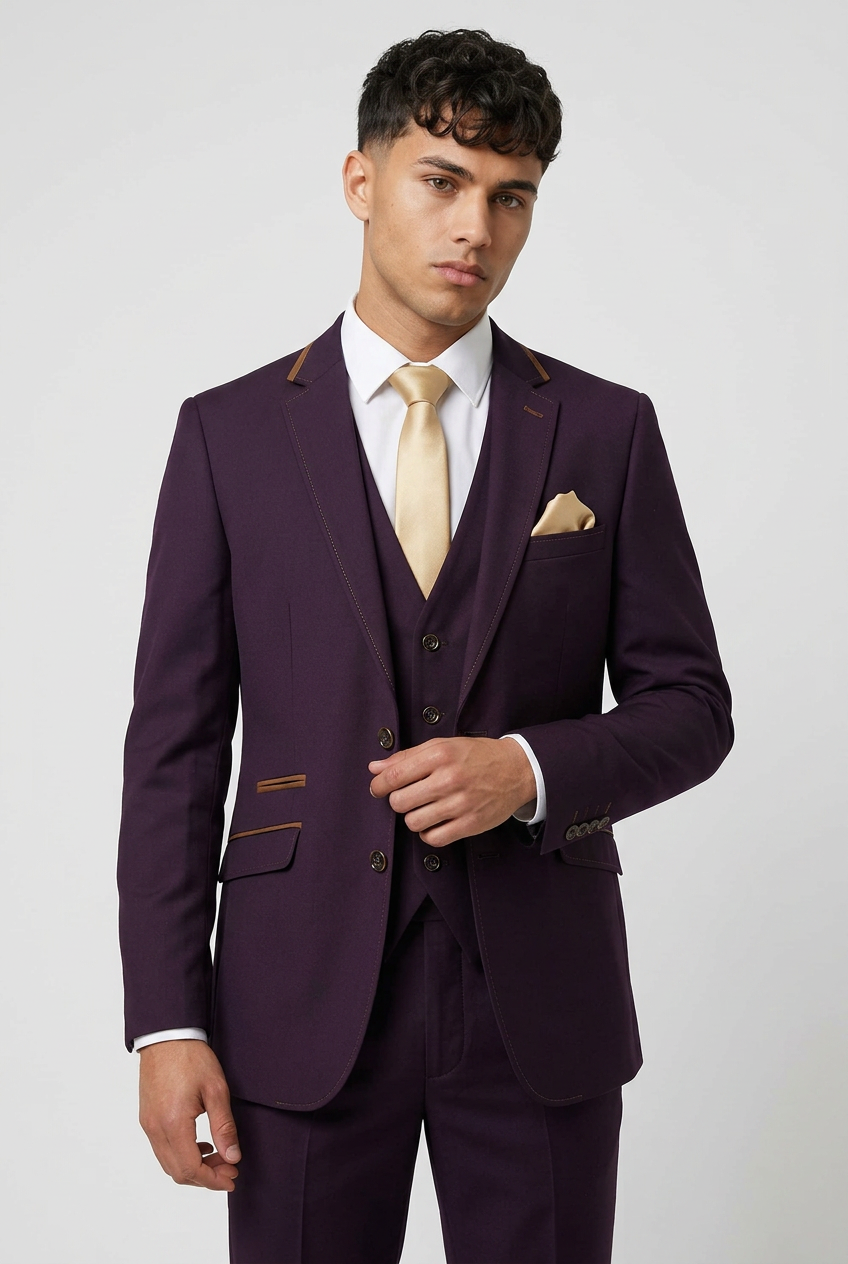 Men's Slim Fit Plum 3 Piece Suit – Blazer, Waistcoat & Trousers