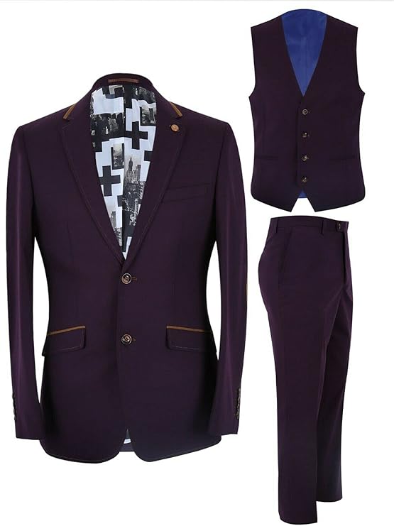 Men's Slim Fit Plum 3 Piece Suit – Blazer, Waistcoat & Trousers