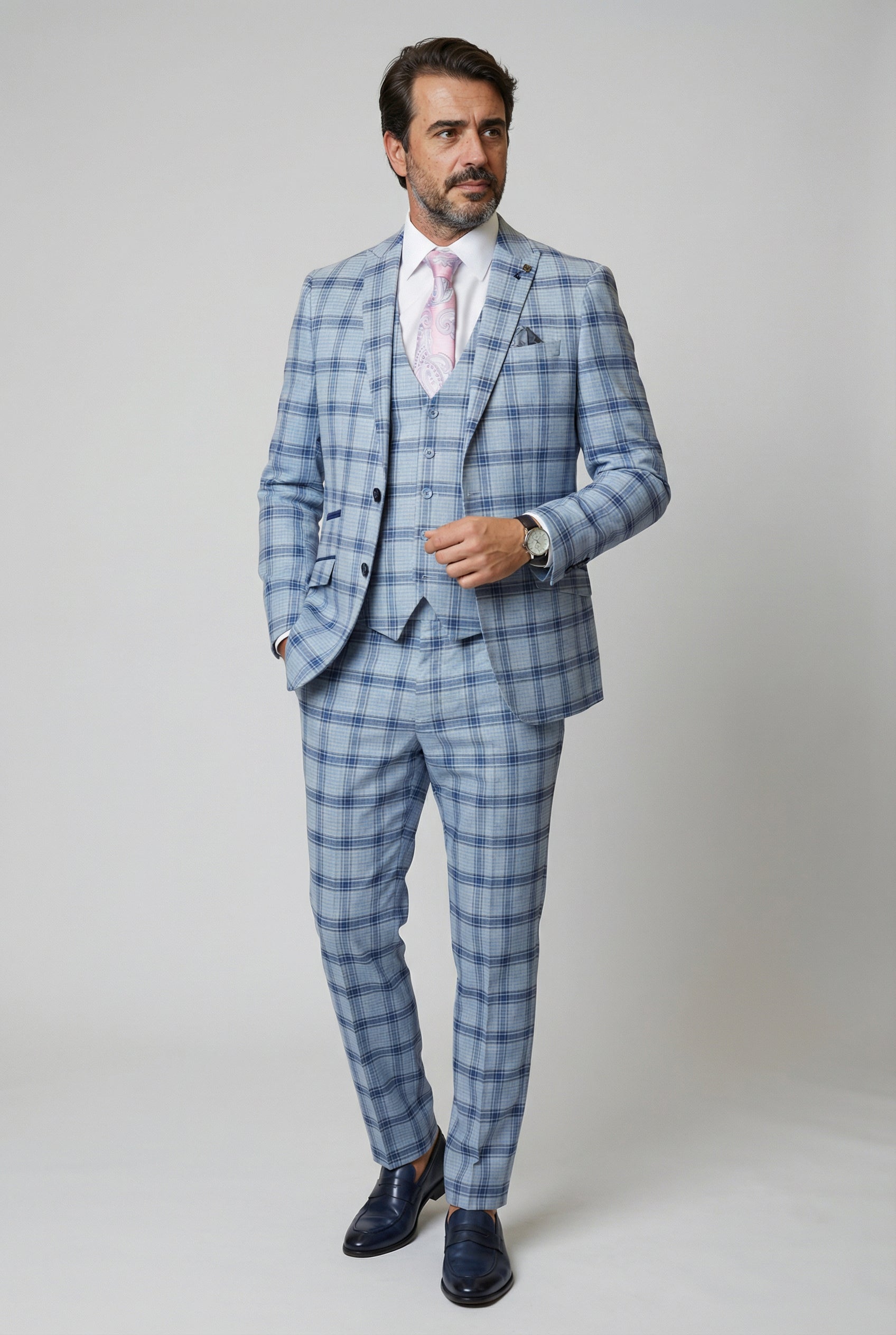 Men's Slim Fit Windowpane Check Blue Suit - BLAKE - Pale Blue