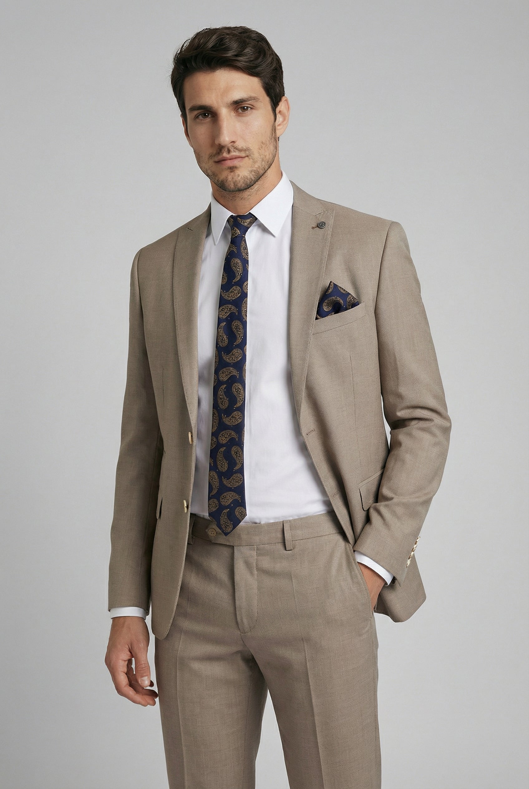Men's Tailored Fit 2 Piece Suit Classic Special Occasion - JAMES - Taupe Beige