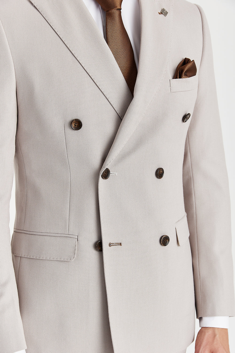 Men’s Tailored Fit Double Breasted Suit Jacket - MAYFAIR - Stone Beige Detail Picture
