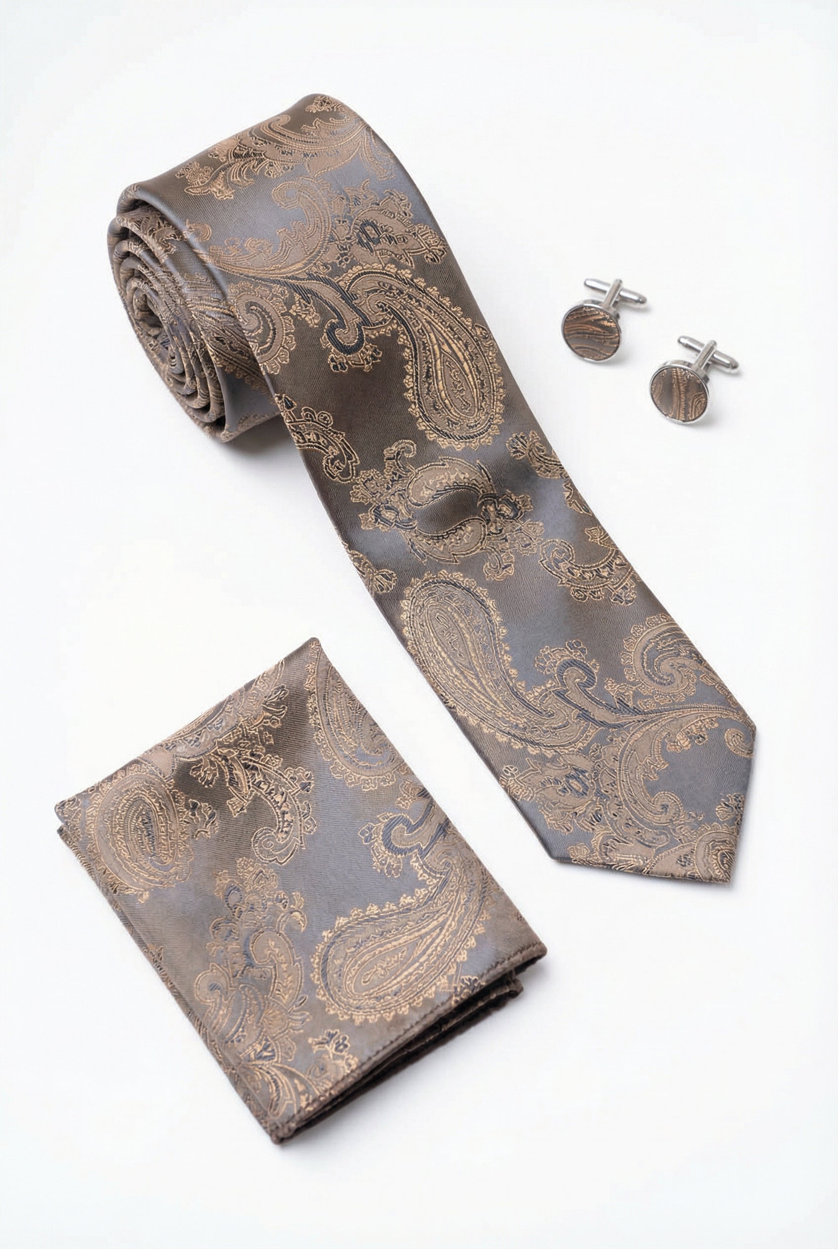 Men’s Tan Paisley Tie & Hanky with Cufflink Set - Liam