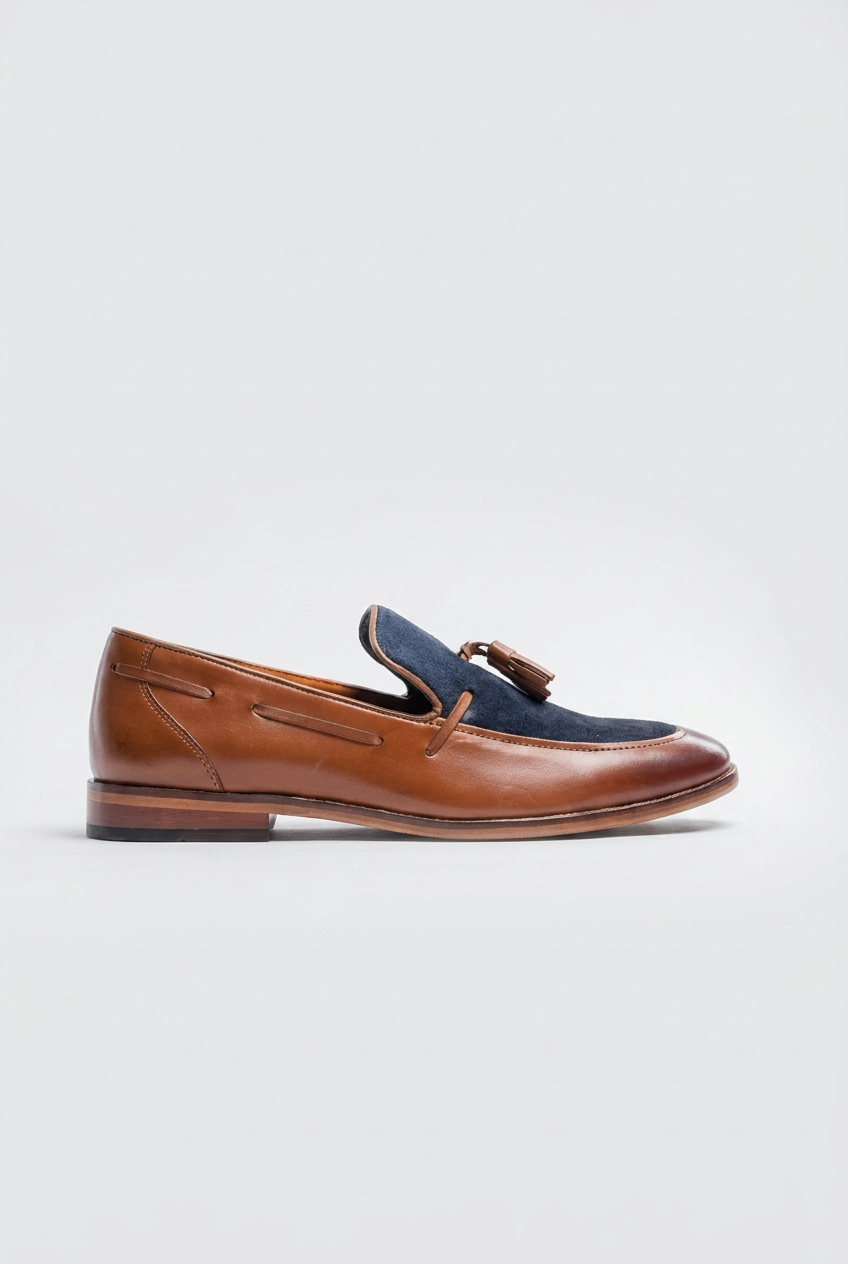 Men’s Tan & Navy Leather Tassel Loafers