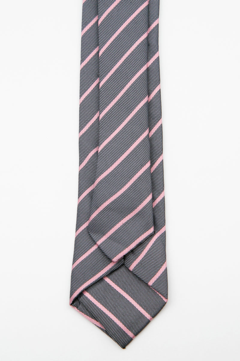 Men’s Textured Striped Slim Tie & Pocket Square Set in Grey&Pink Tie Back Picture