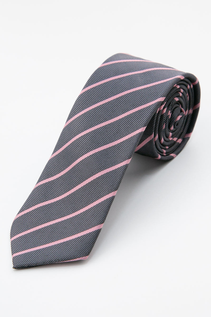 Men’s Textured Striped Slim Tie & Pocket Square Set in Grey&Pink Tie Picture