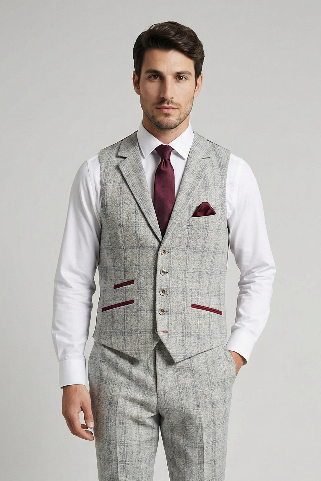 Men's Tweed Check Slim Fit Grey Waistcoat - ANDREW - Grey
