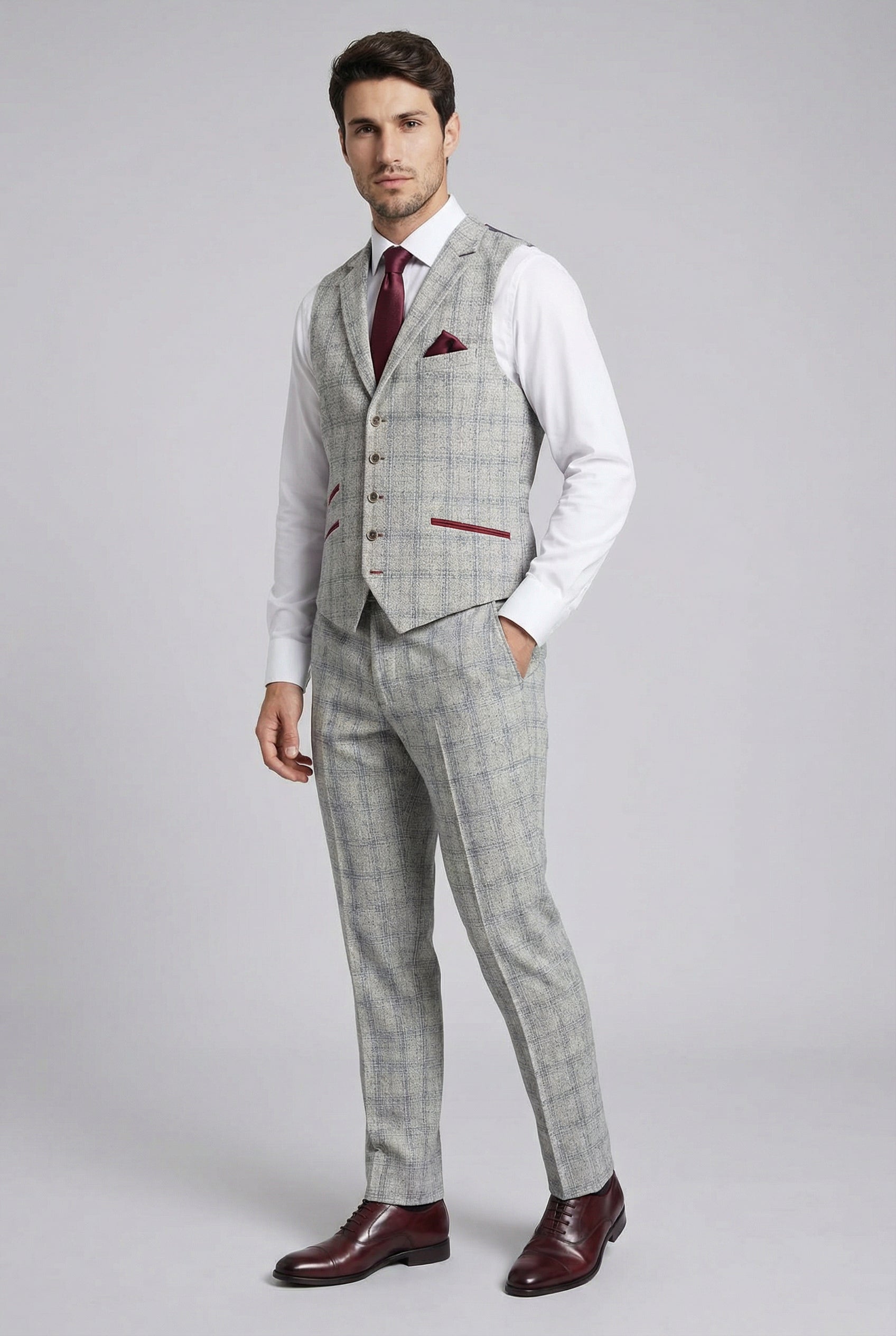 Men's Tweed Check Slim Fit Grey Waistcoat - ANDREW - Grey