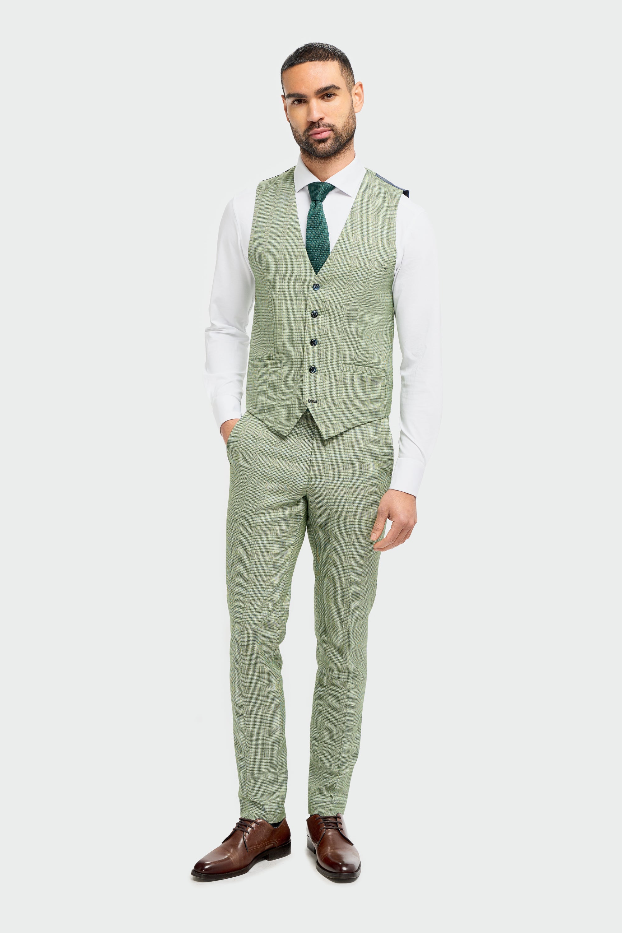 Men's Tweed Houndstooth Check Slim Fit Formal Waistcoat - CARIDI - Sage Green