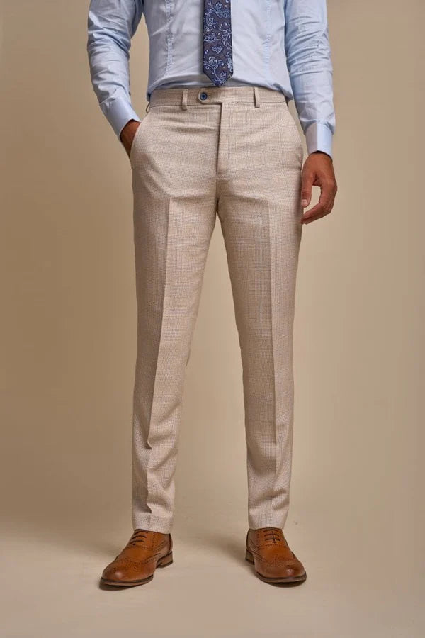 Men's Tweed Houndstooth Check Slim Fit Suit - CARIDI Trousers Lenght Option - Cream - Ivory Trousers Picture