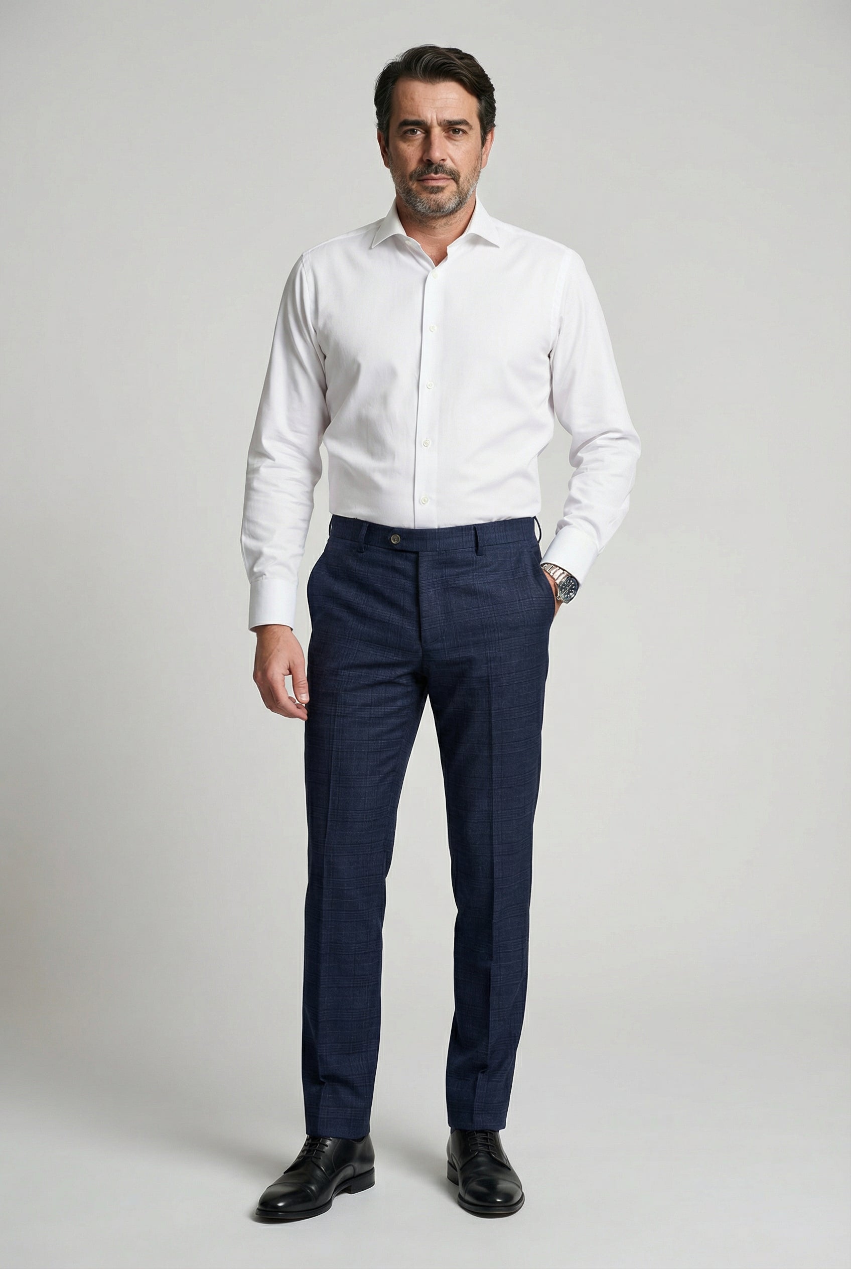 Men’s Tweed Like Glen Check Trousers - Luis - Navy Model Front Picture
