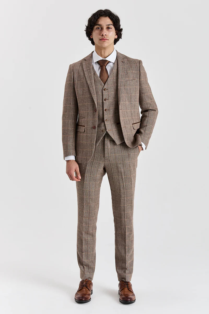 Men's Tweed Retro Windowpane Formal Suit - HARRIS - Brown Model Front Picture