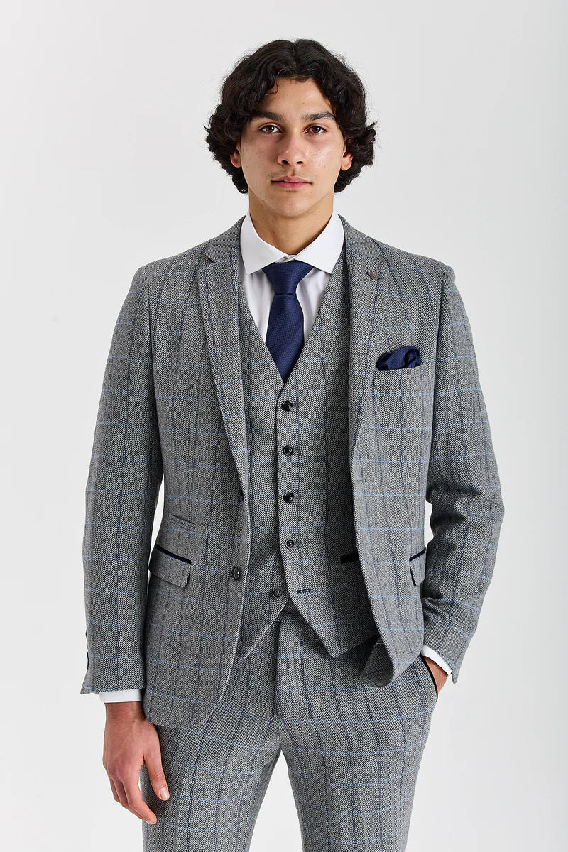 Men's Tweed Retro Windowpane Formal Suit - HARRIS - Grey