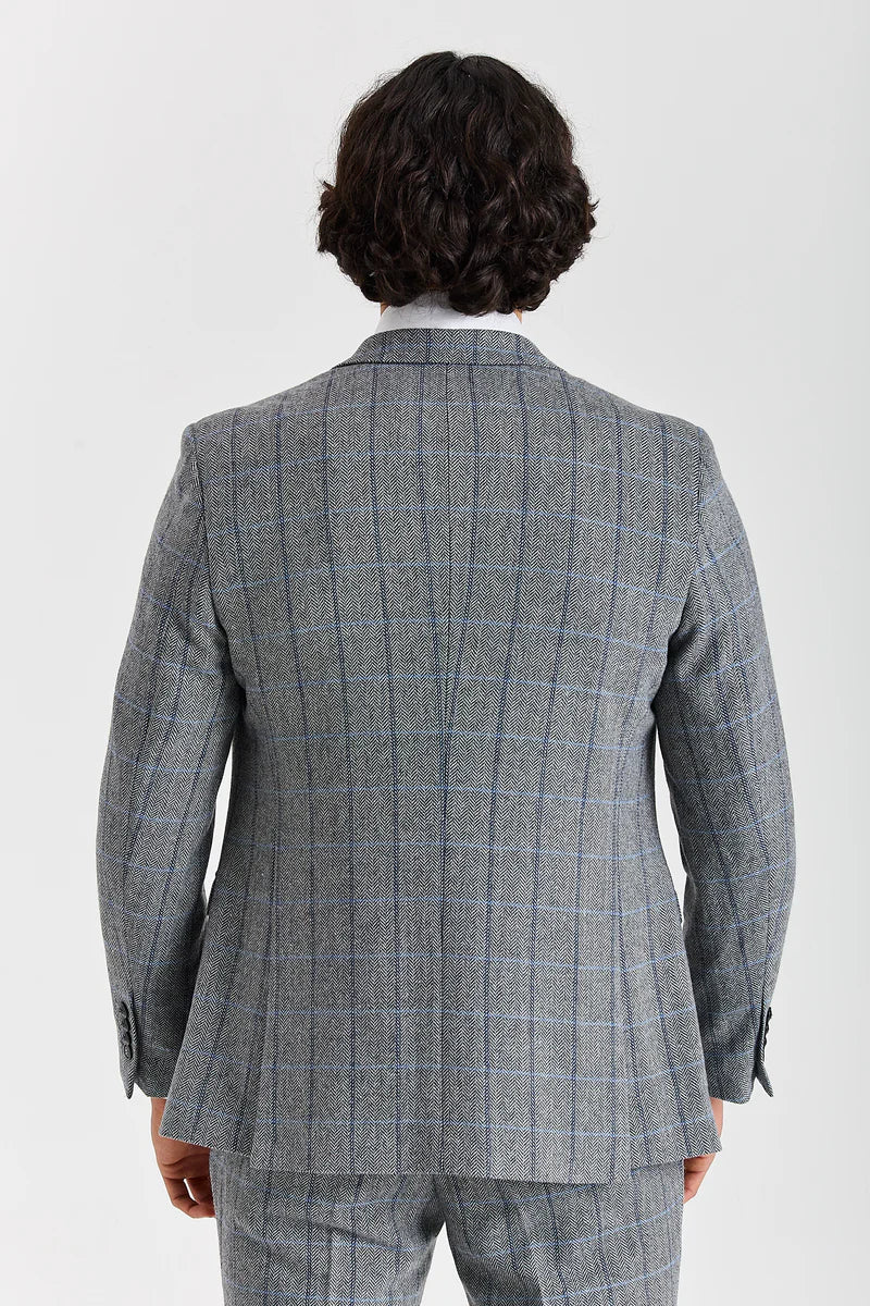 Men's Tweed Retro Windowpane Formal Suit - HARRIS - Grey Back Picture
