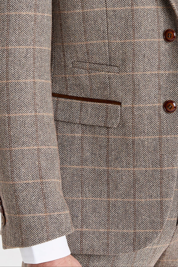 Men's Tweed Retro Windowpane Suit Jacket - HARRIS - Brown Detail Picture