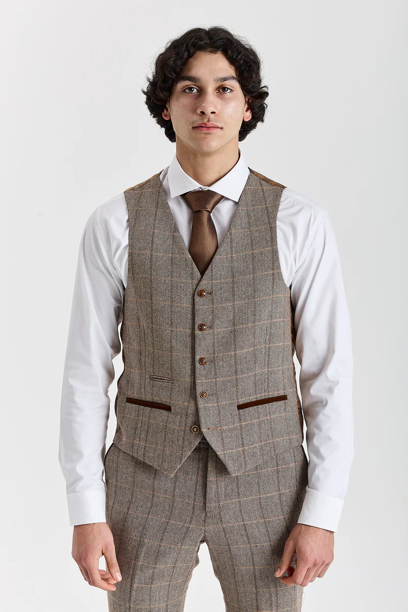 Men's Tweed Retro Windowpane Waistcoat - HARRIS - Brown