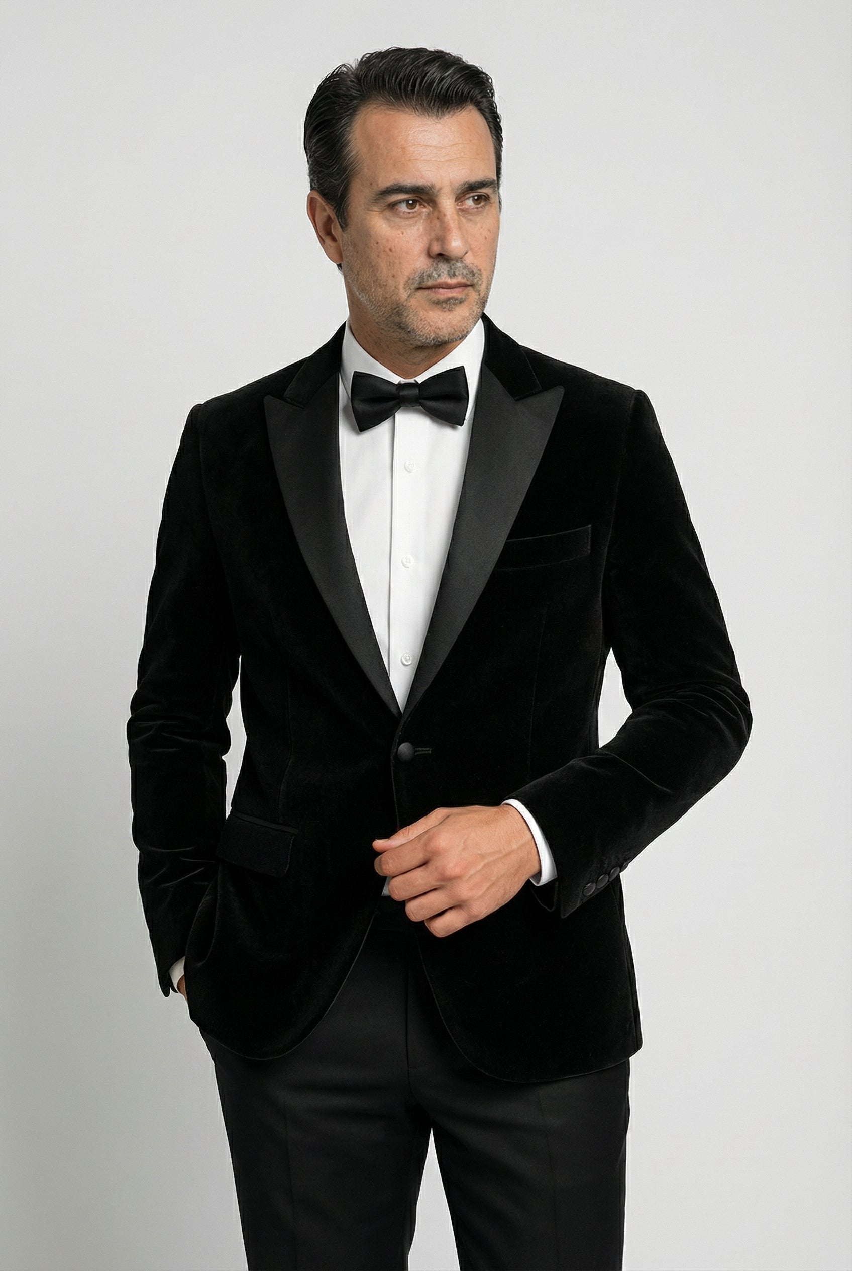 Men’s Velvet Blazer Satin Lapel Dinner Jacket - Mayfair - Black Model Picture