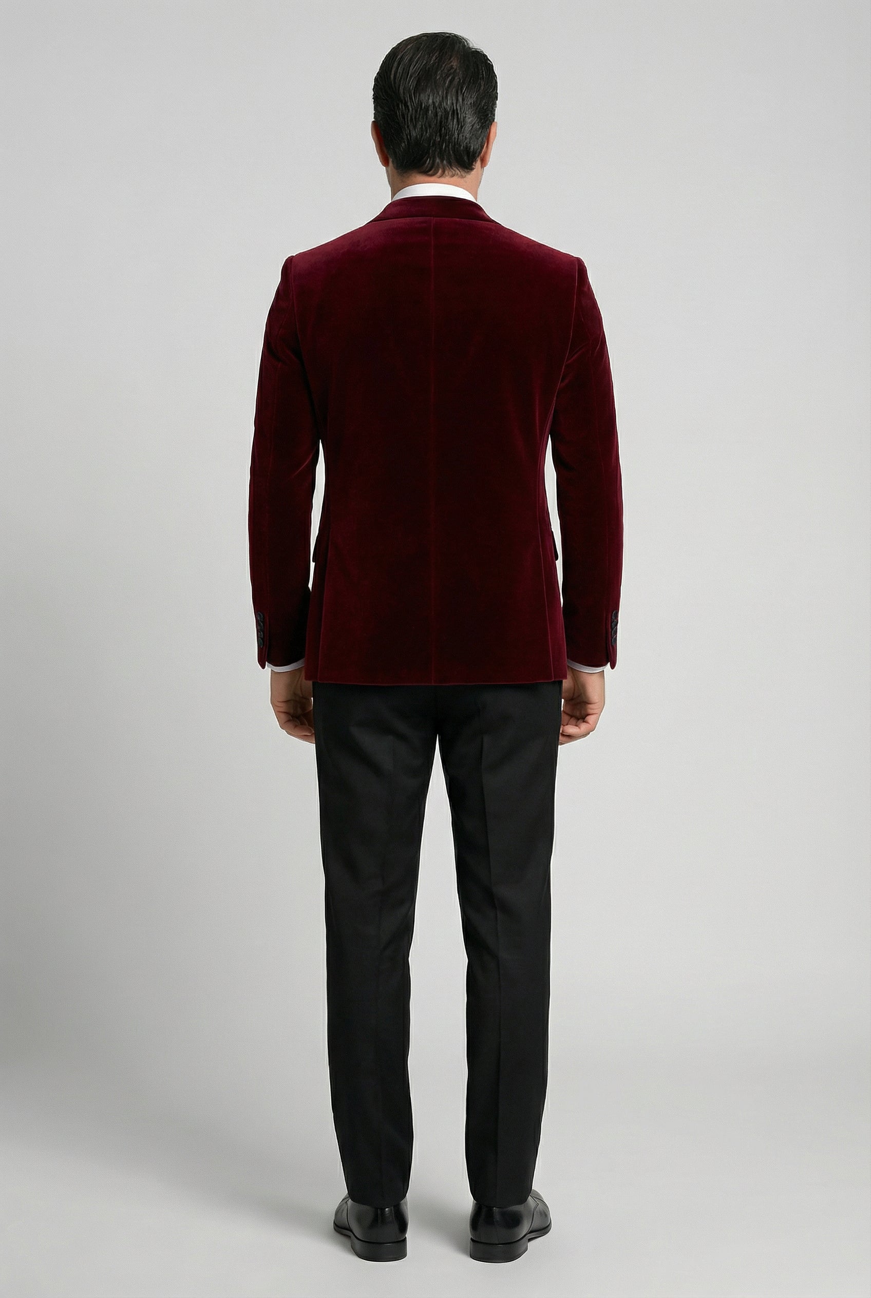 Men’s Velvet Blazer Satin Lapel Dinner Jacket - Mayfair - Wine Burgundy Model Back picture