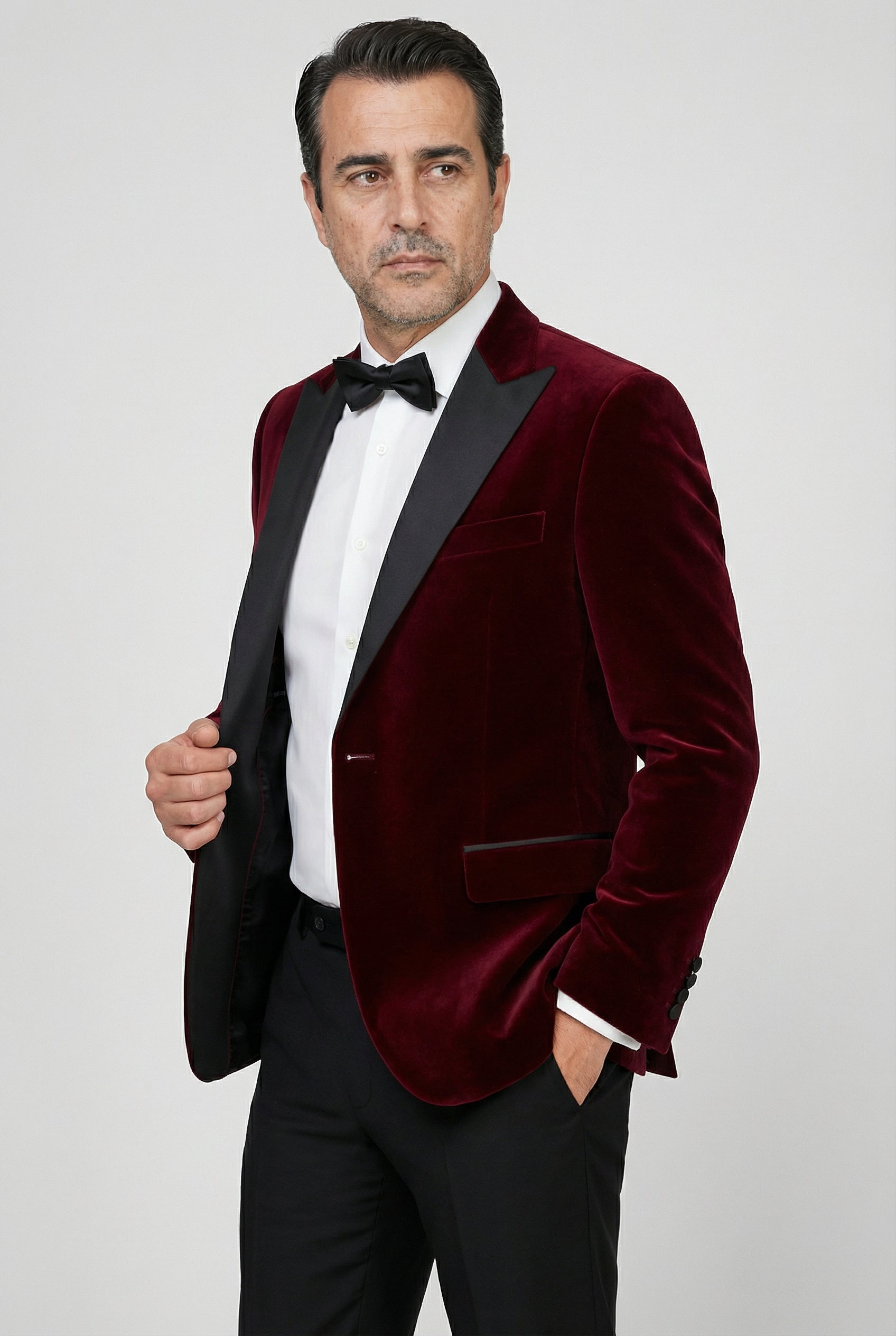 Men’s Velvet Blazer Satin Lapel Dinner Jacket - Mayfair - Wine Burgundy Jacket Front Open Picture