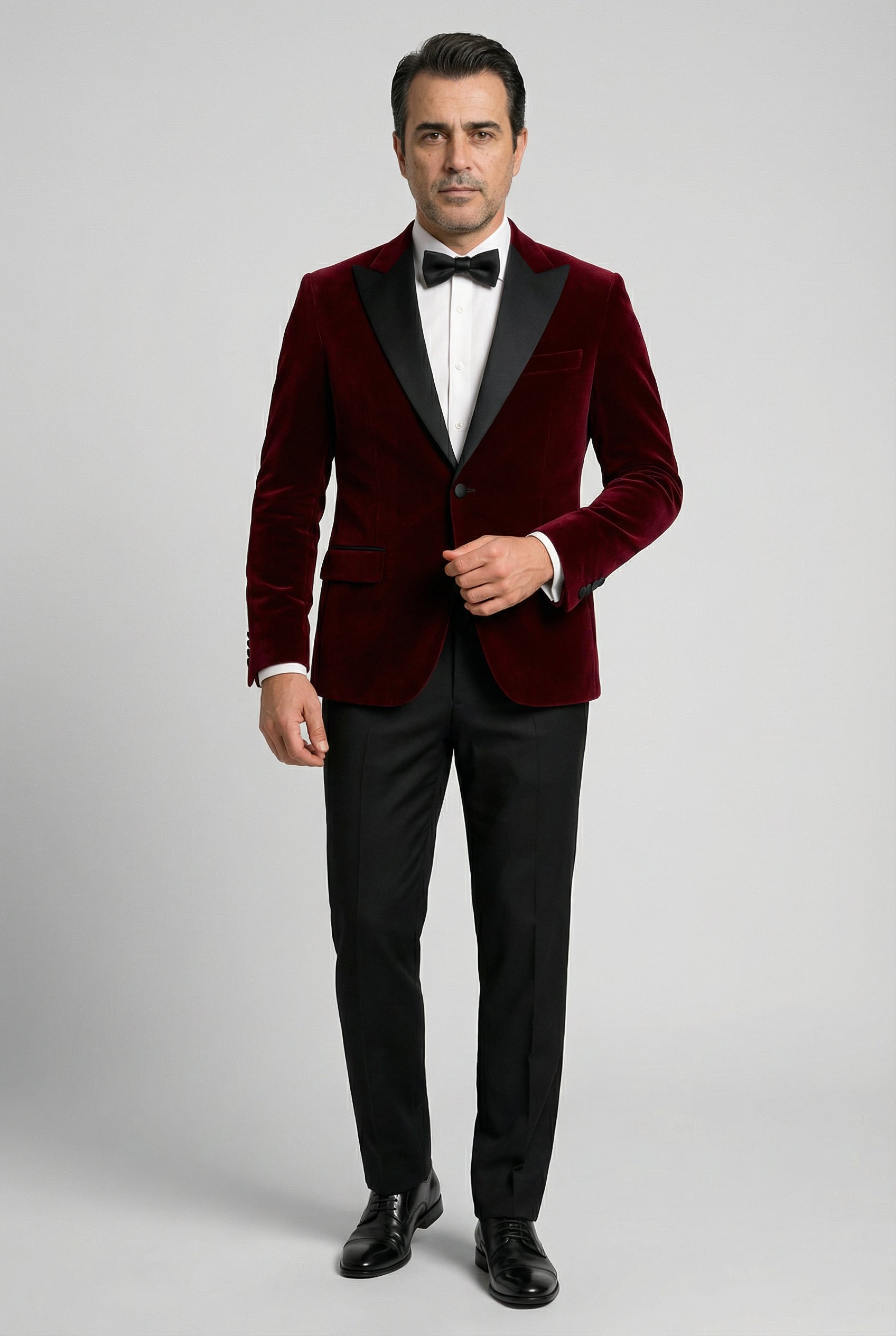 Men’s Velvet Blazer Satin Lapel Dinner Jacket - Mayfair - Wine Burgundy Model Picture