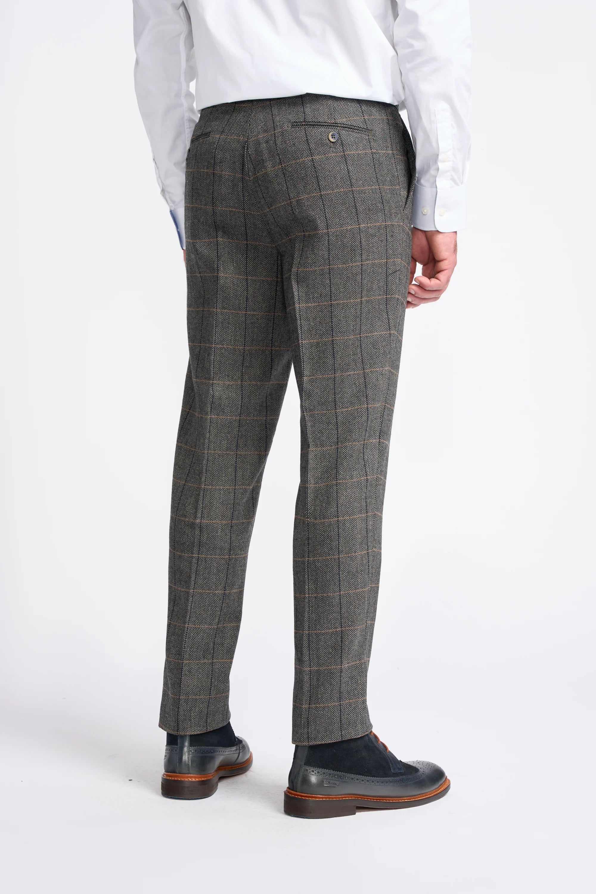Men's Wool Blend Herringbone Check Trousers - Albert - Grey Back Picture