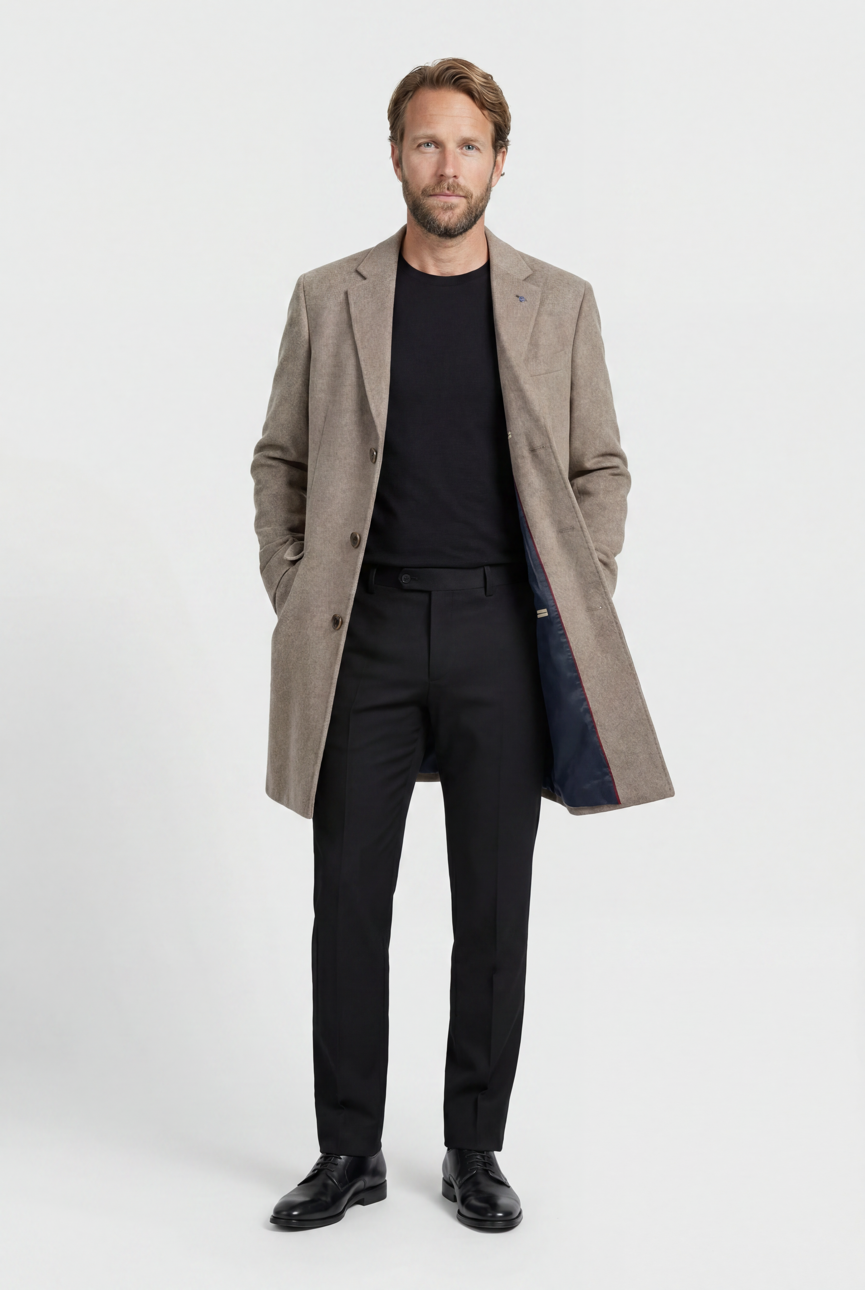 Men’s Wool Blend Mid-Length Overcoat - Beige