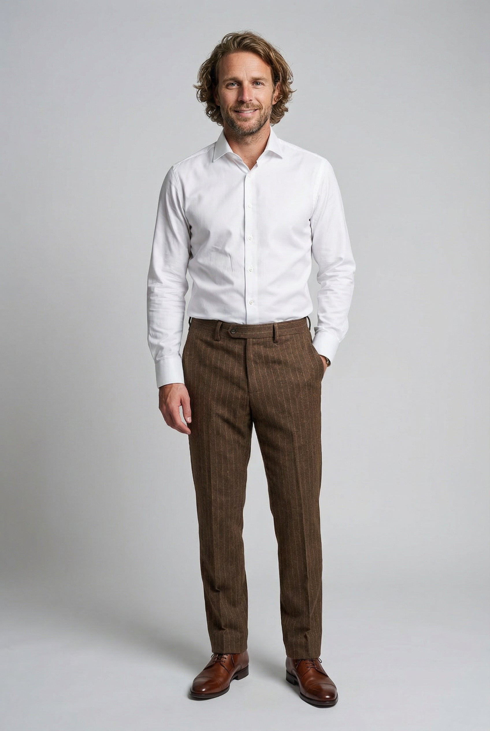 Men’s Wool Blend Pinstripe Formal Trousers - Victor - Brown Model Picture