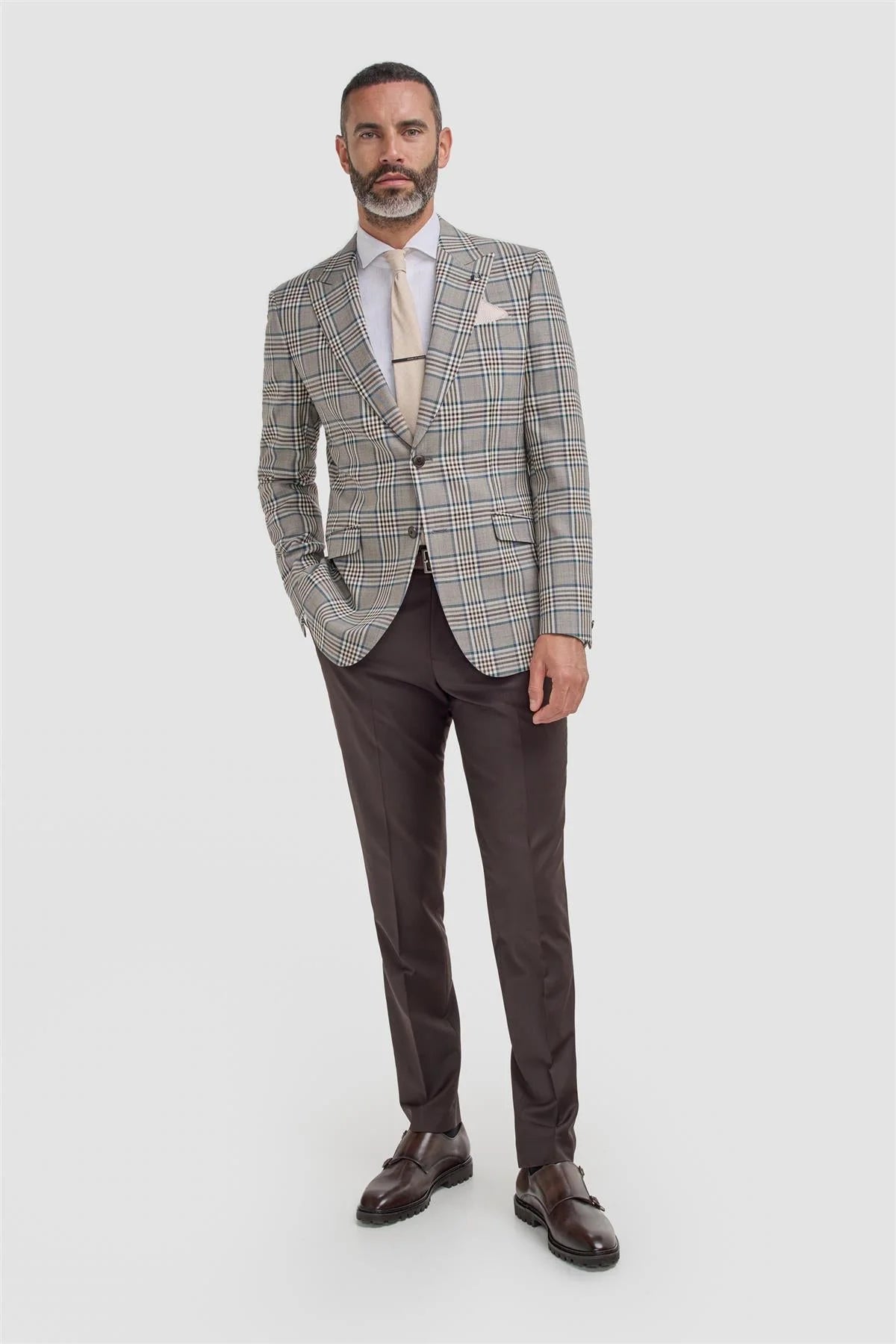 Men’s Wool Blend Plaid Check Blazer - Pietro - Beige