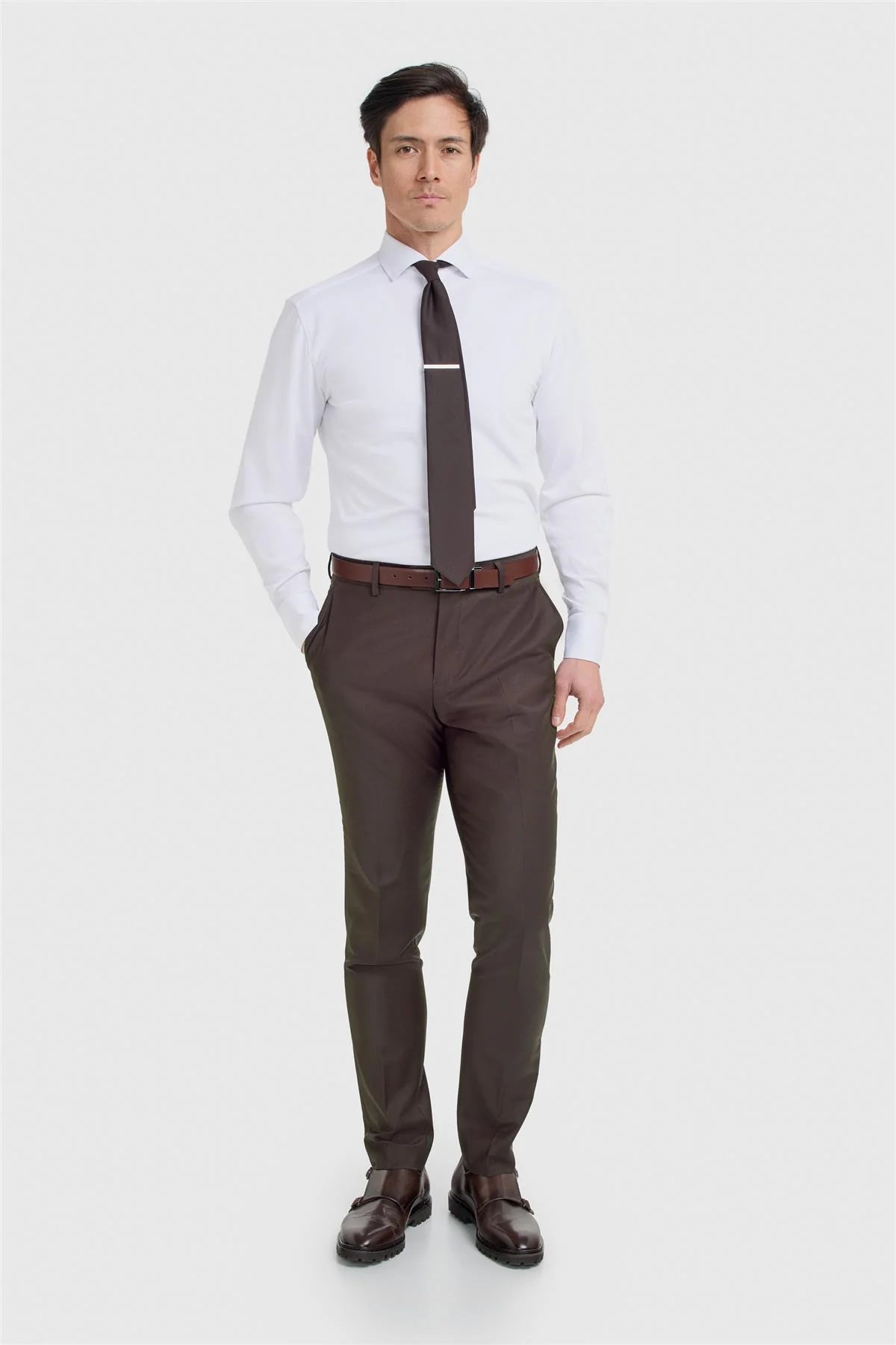 Men's Wool Blend Slim Fit Trousers - BOND - Auburn