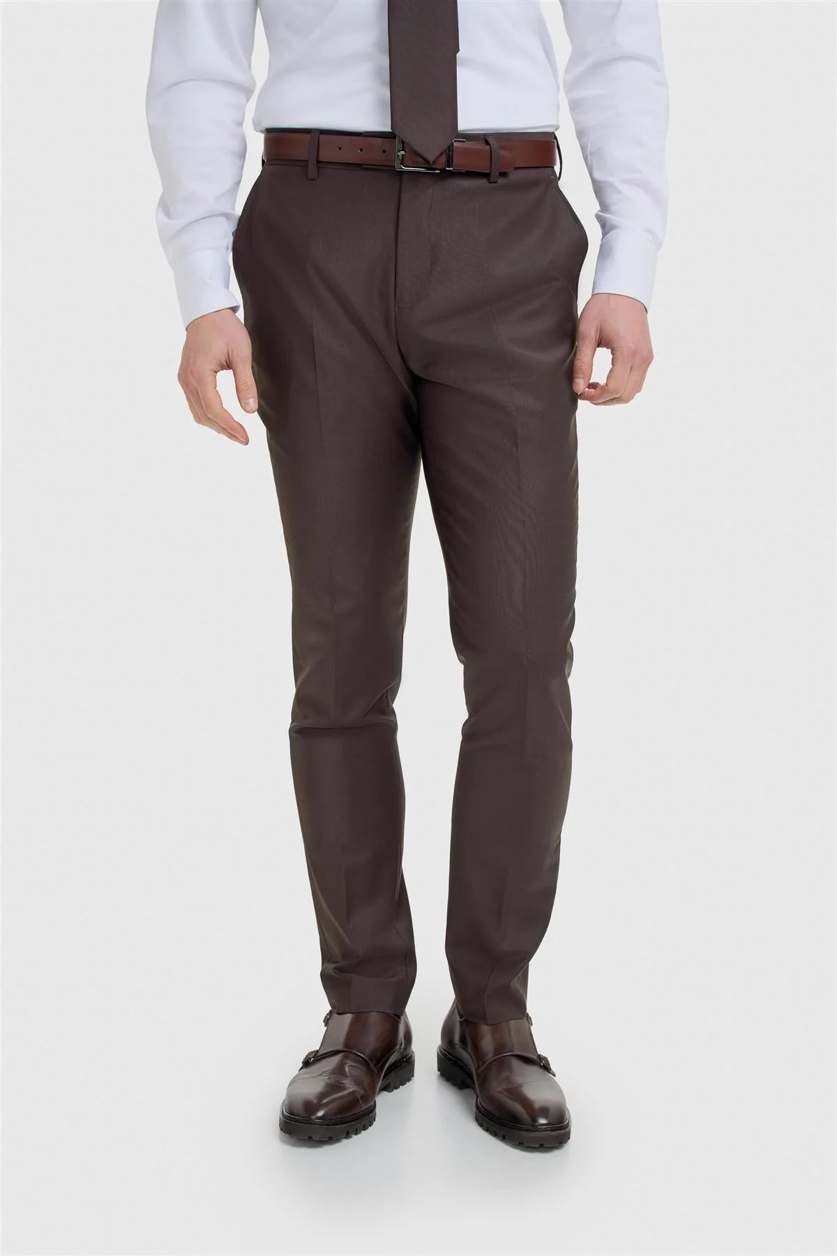 Men's Wool Blend Slim Fit Trousers - BOND - Auburn