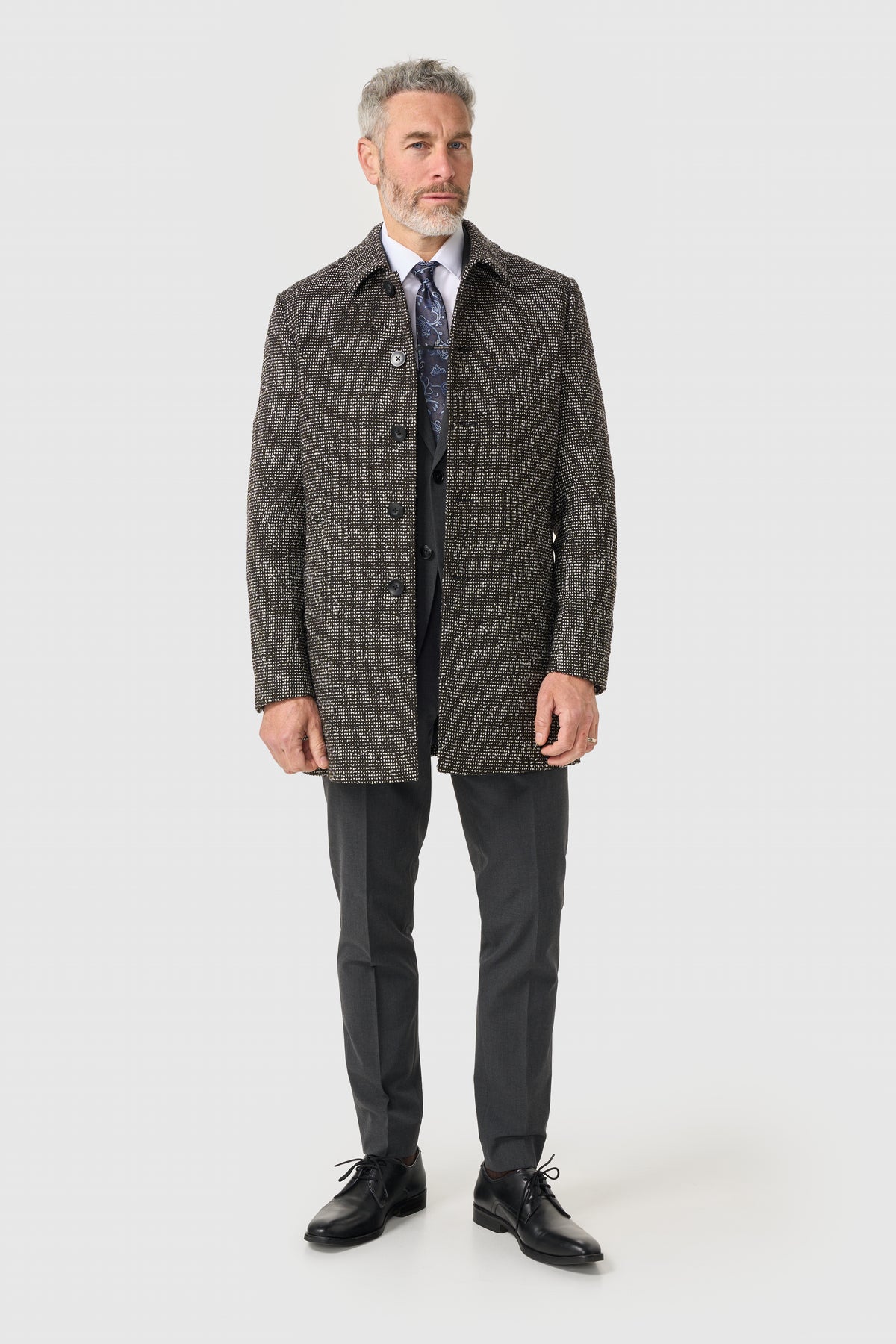 Men’s Wool Blend Textured Tweed Overcoat - Cavani Ettora Black & Grey Model Front Picture