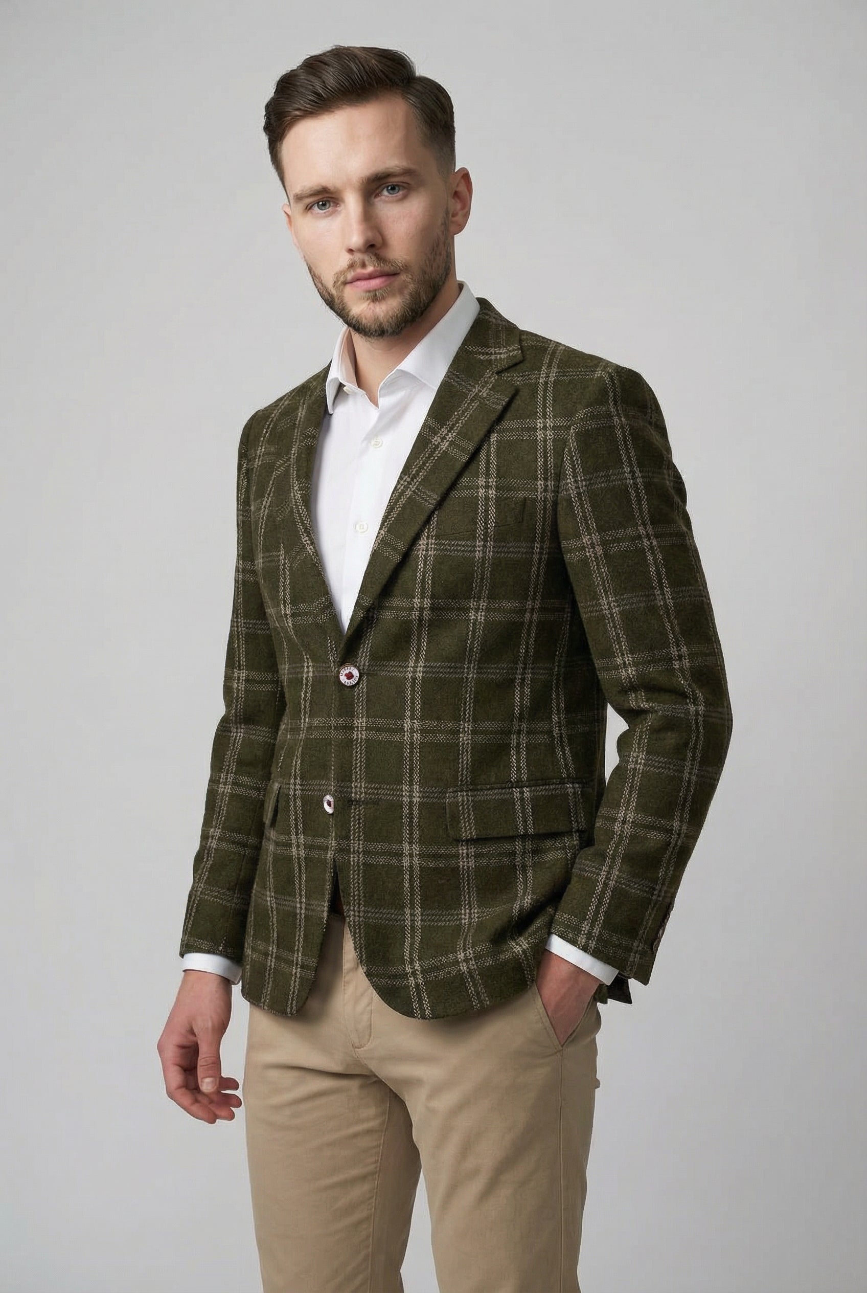 Men’s Wool Blend Windowpane Check Blazer - Alex - Green Side picture