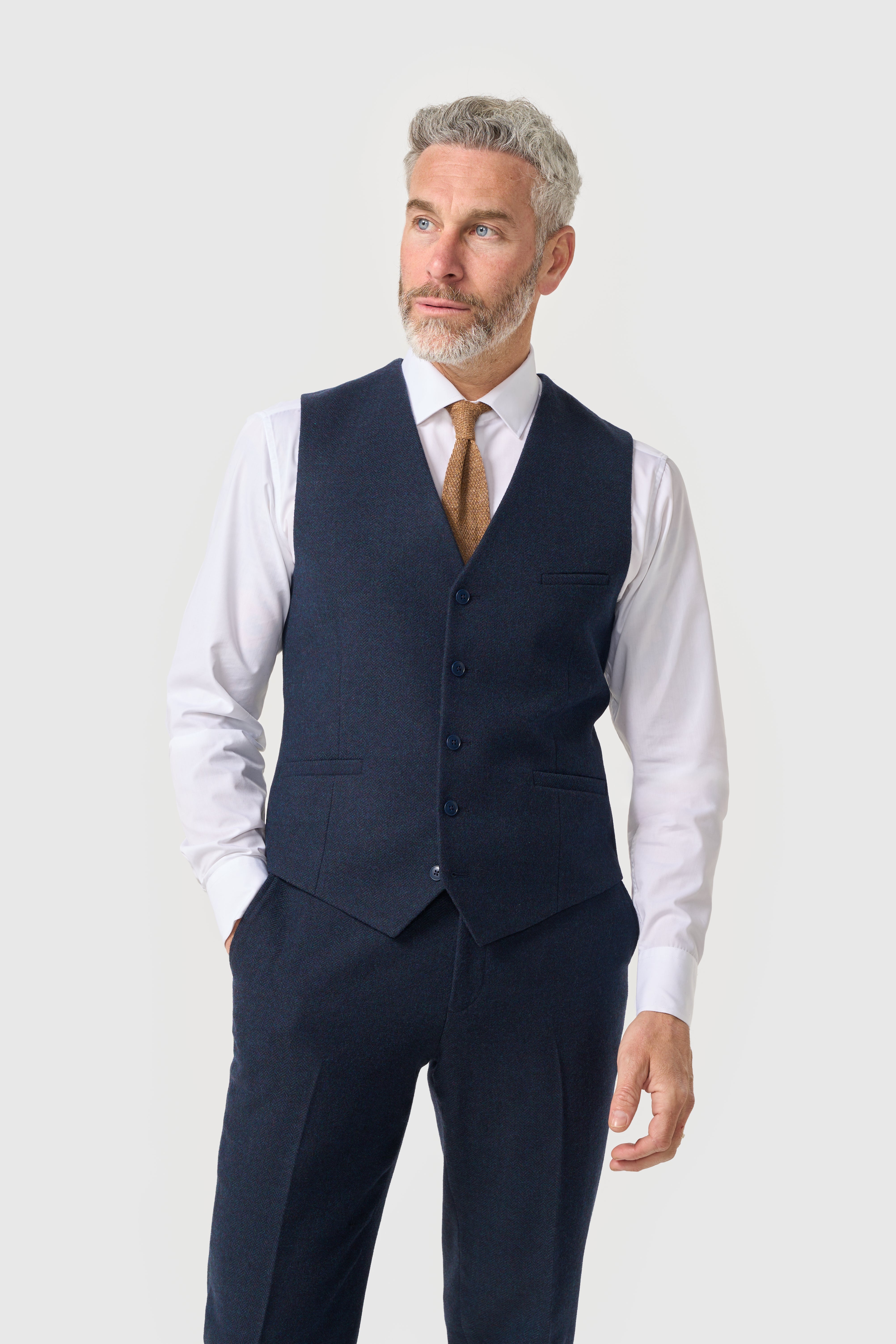 Men’s Wool Herringbone Tweed Waistcoat - Thomas - Navy