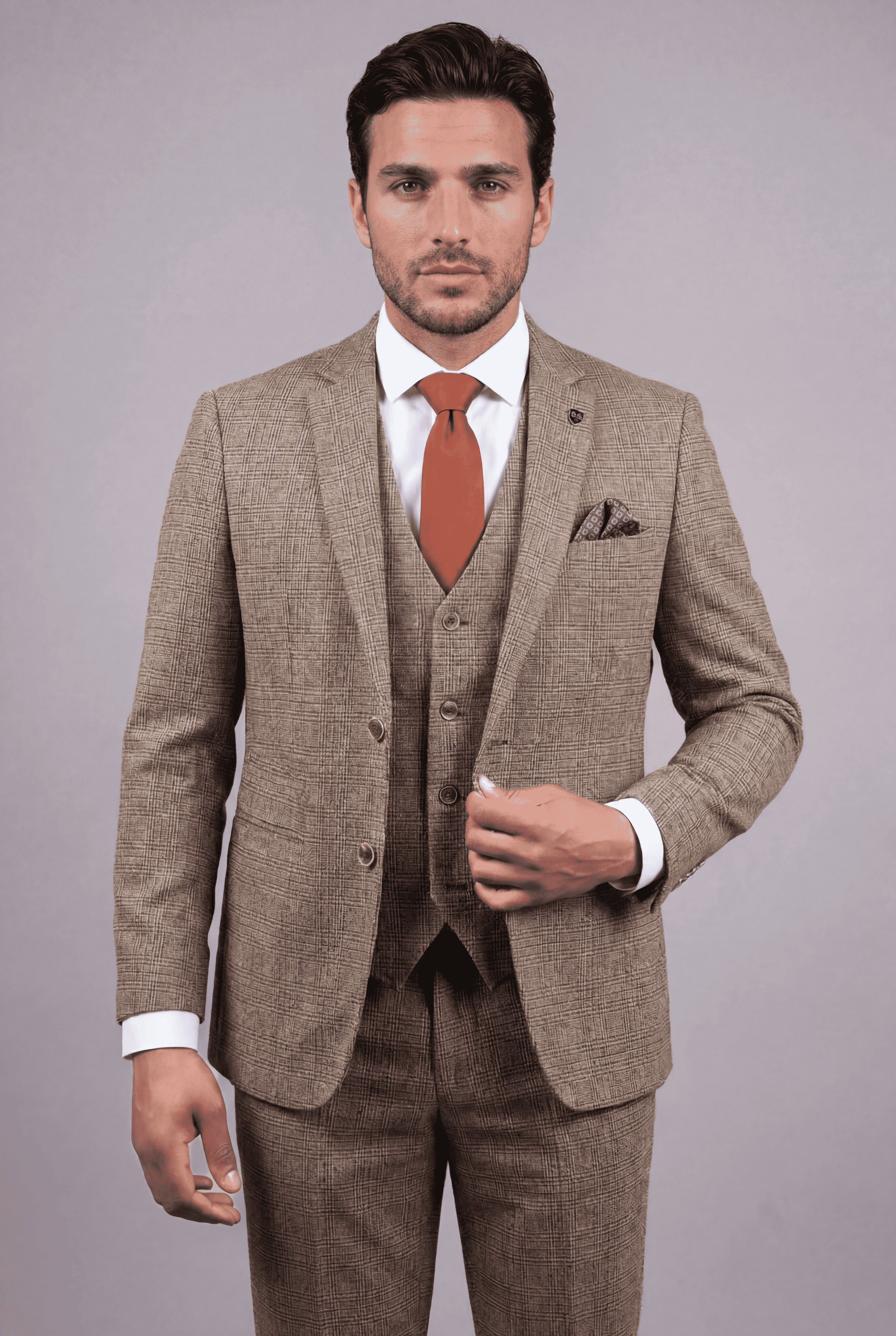 Men’s 3-Piece Glen Check Suit - Parker - Tan Brown