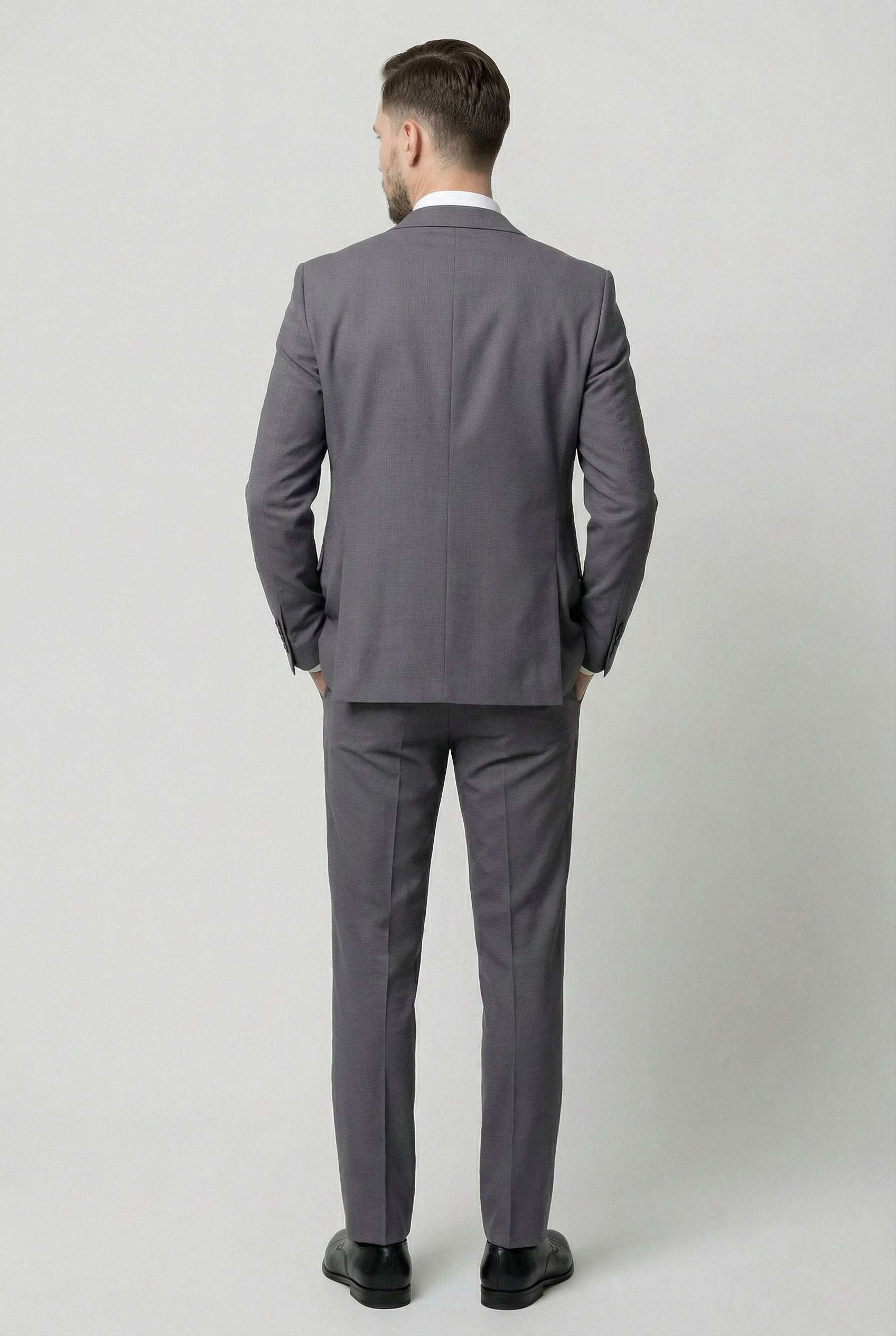 Men’s 3-Piece Textured Suit with Double-Breasted Waistcoat - CORE - Grey Model Back Picture