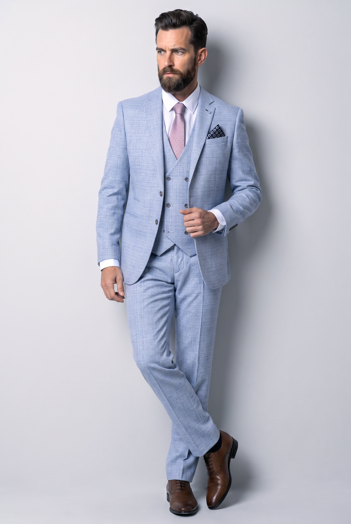 Men’s 3-Piece Tweed Like Glen Check Suit - Robert Simon Luis Pale Blue Model Front Picture
