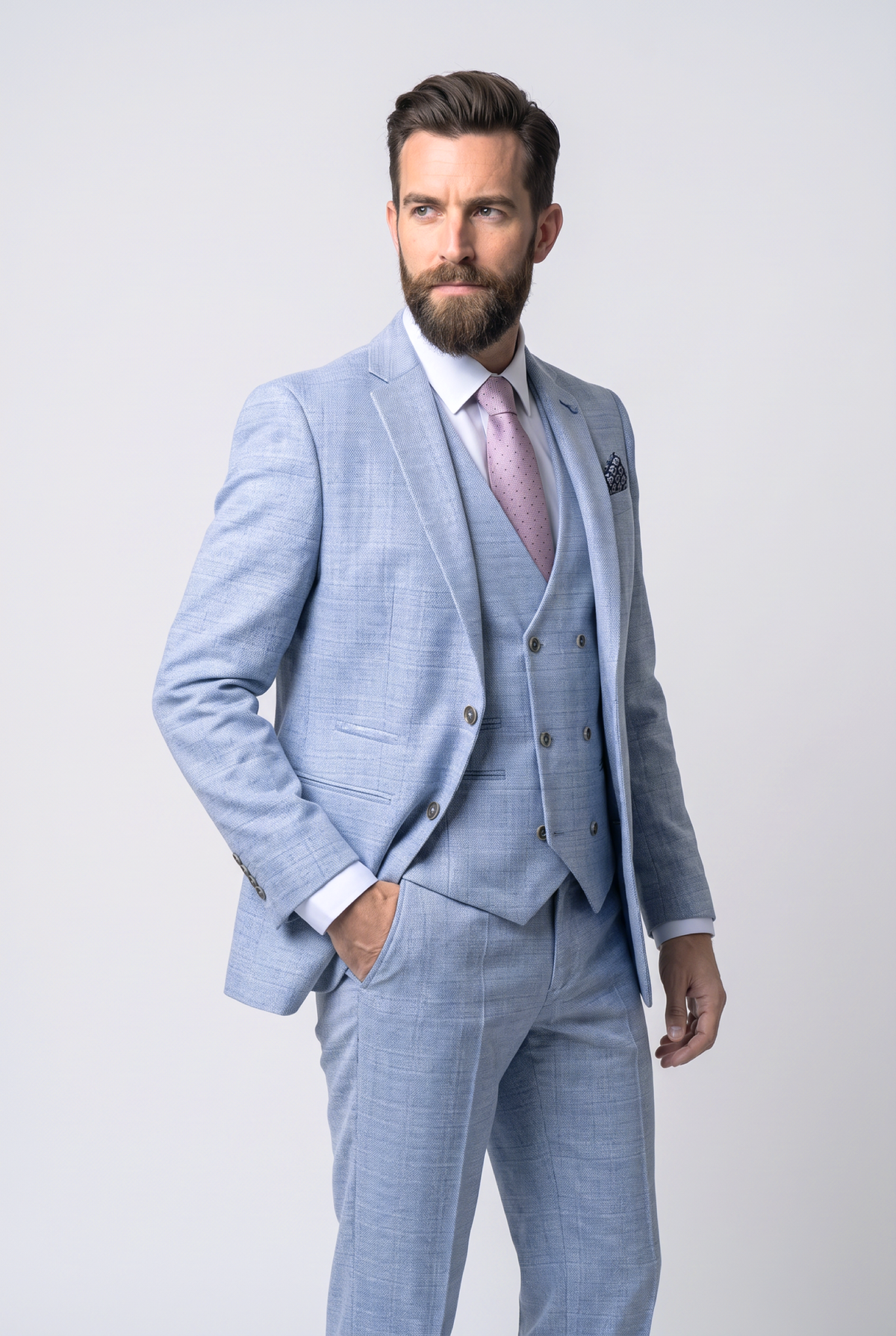 Men’s 3-Piece Tweed Like Glen Check Suit - Robert Simon Luis Pale Blue