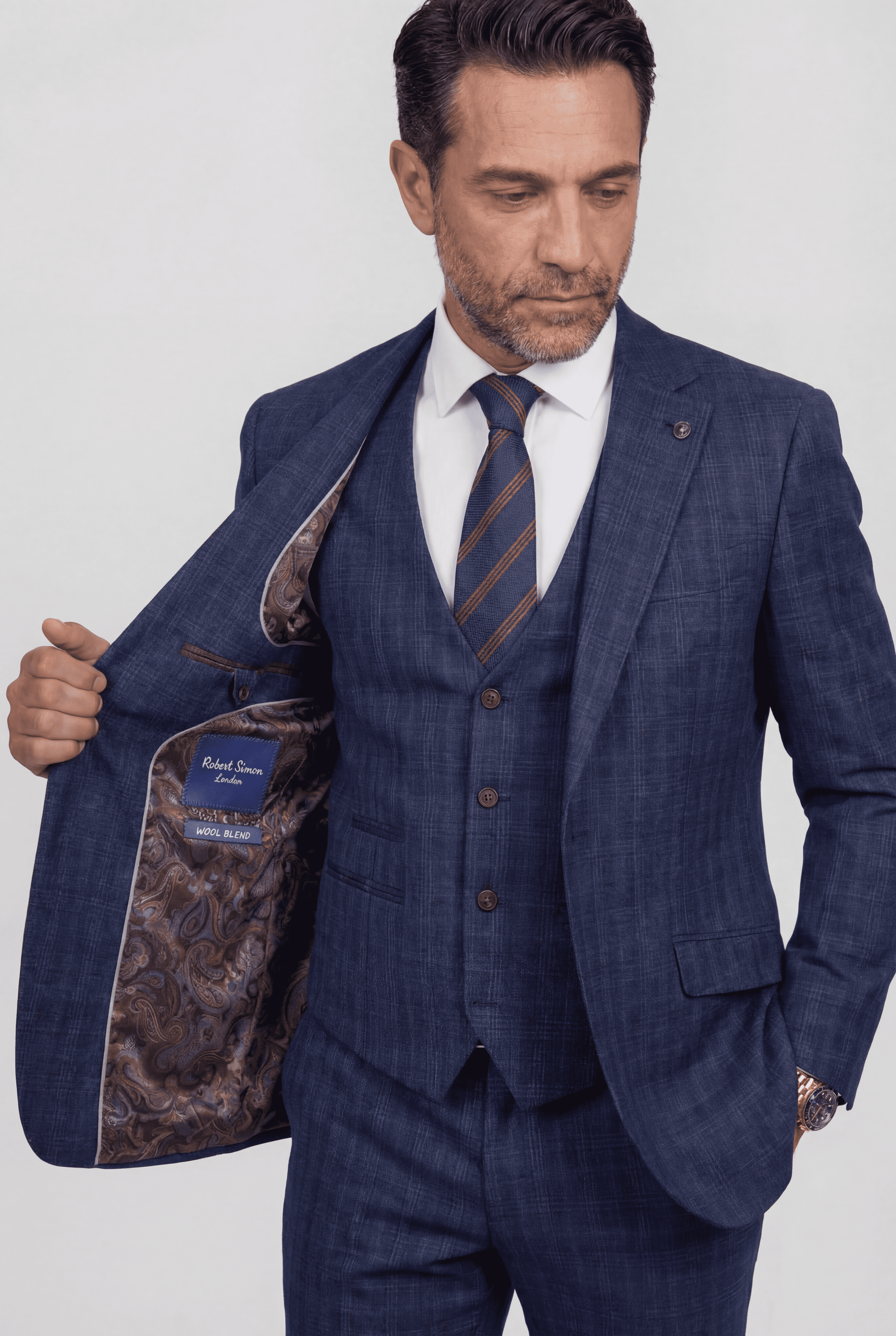 Men’s 3-Piece Windowpane Check Suit - Marcos - Navy