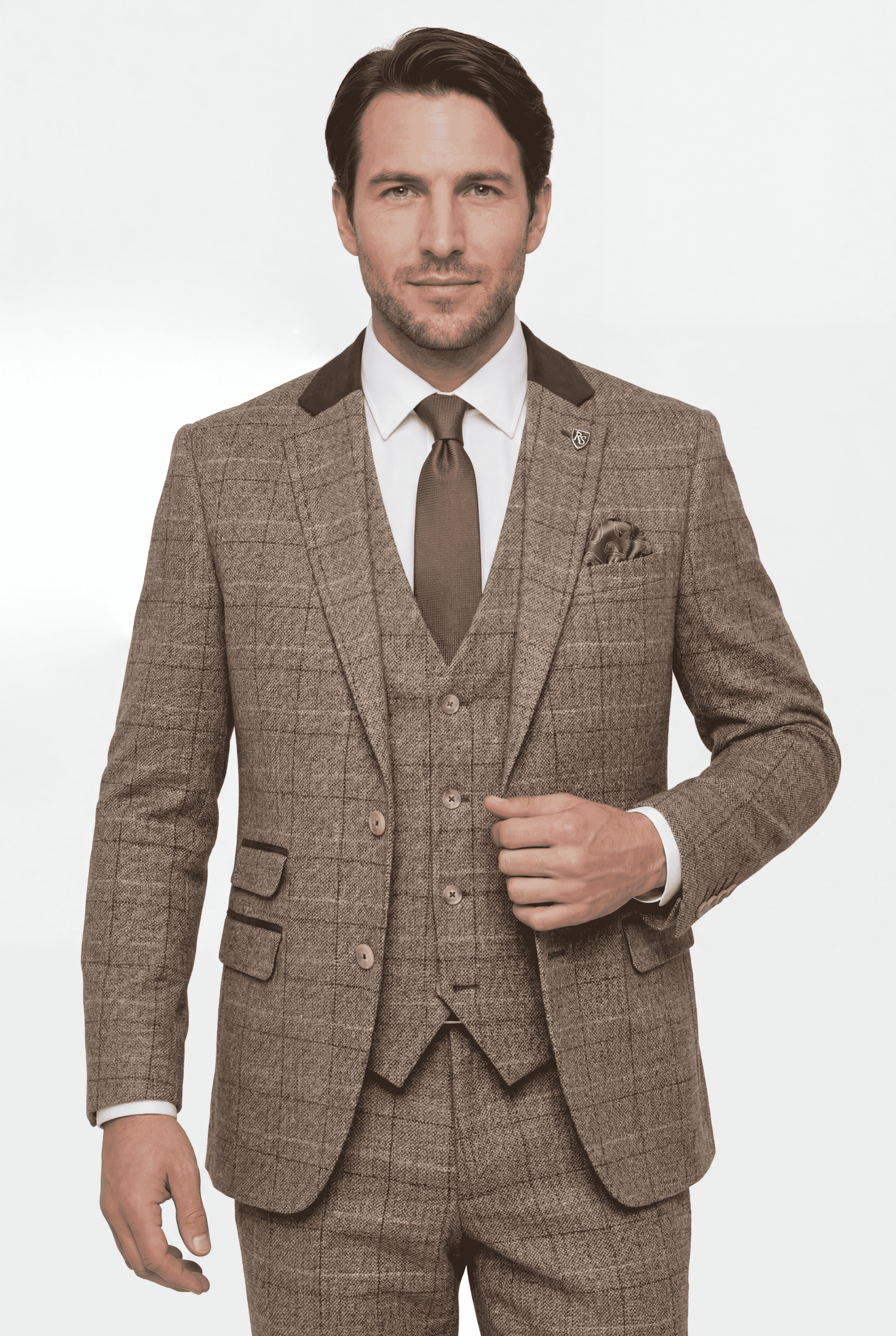 Men’s 3-Piece Windowpane Tweed Suit - Brown